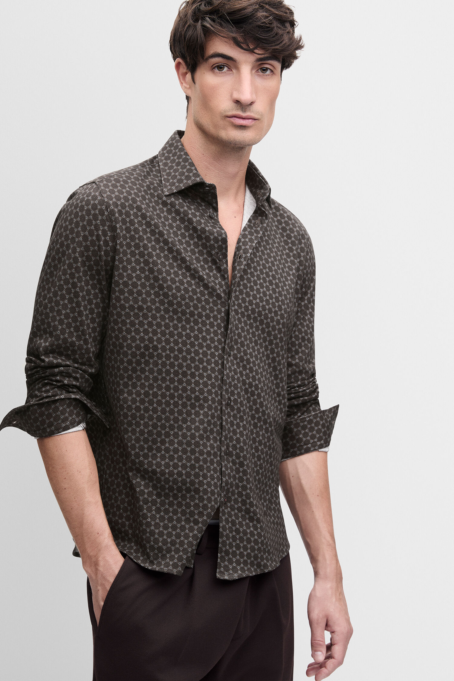 Hemd, Langarm, Muster, Dunkelbraun, Button-Down