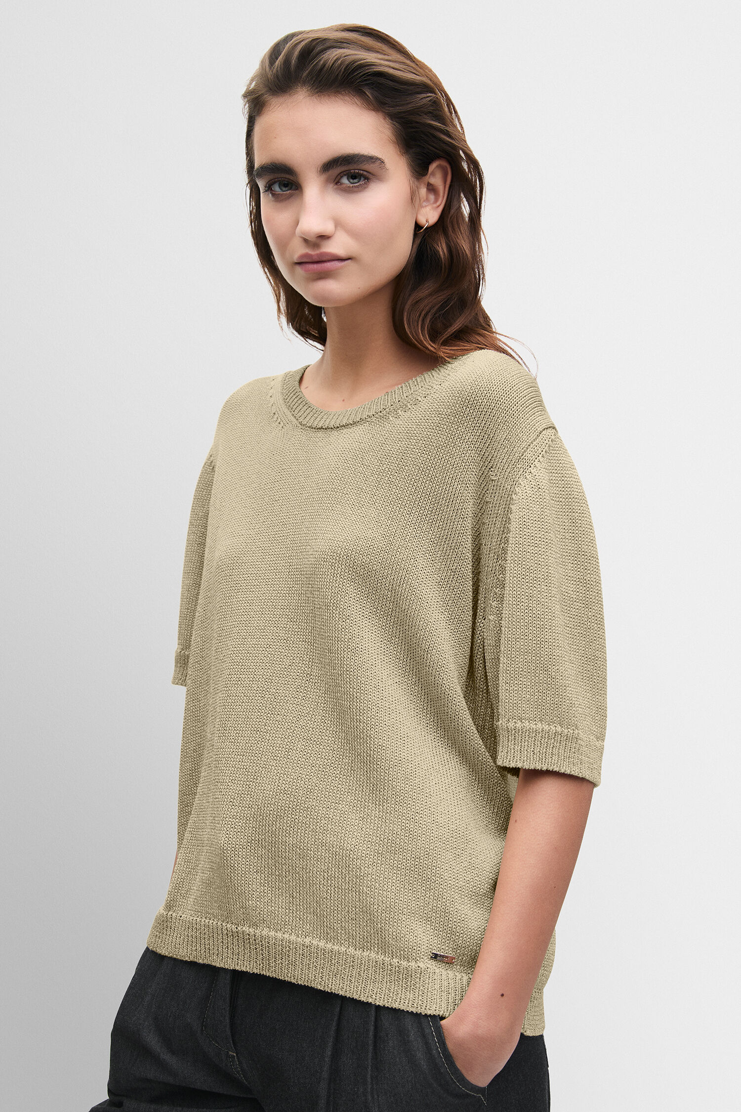 Knittop, Kurzarm, Beige, Kastenstruktur, Oversize–Puzzle