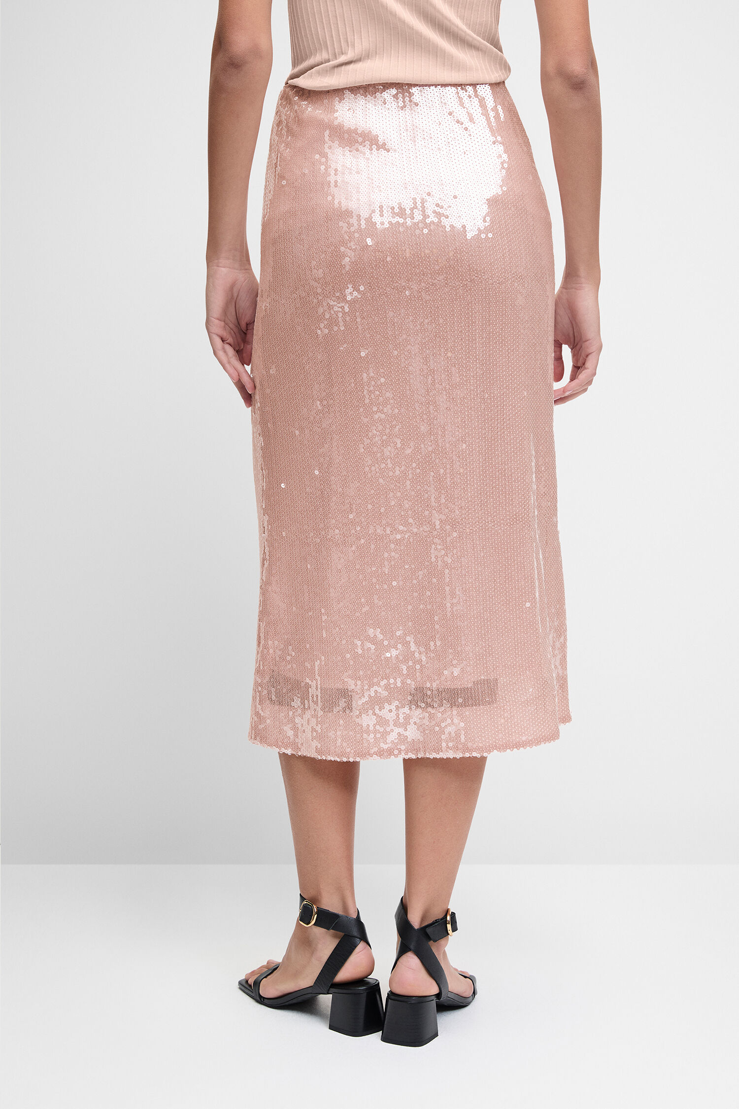 Pencilrock, Rosa Gold, Sequins, Midi-Länge, Schwarze Sandalen