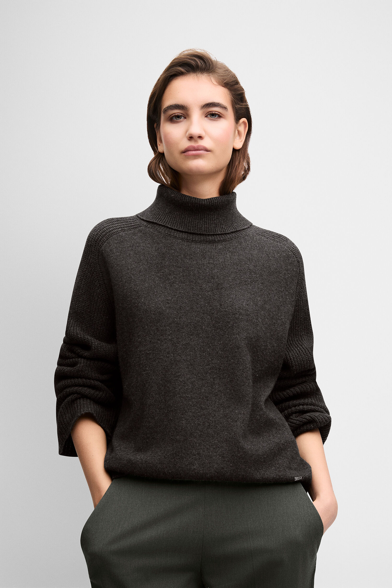 Pullover, Rollkragen, Wollpullover, dunkelgrau, Langarm