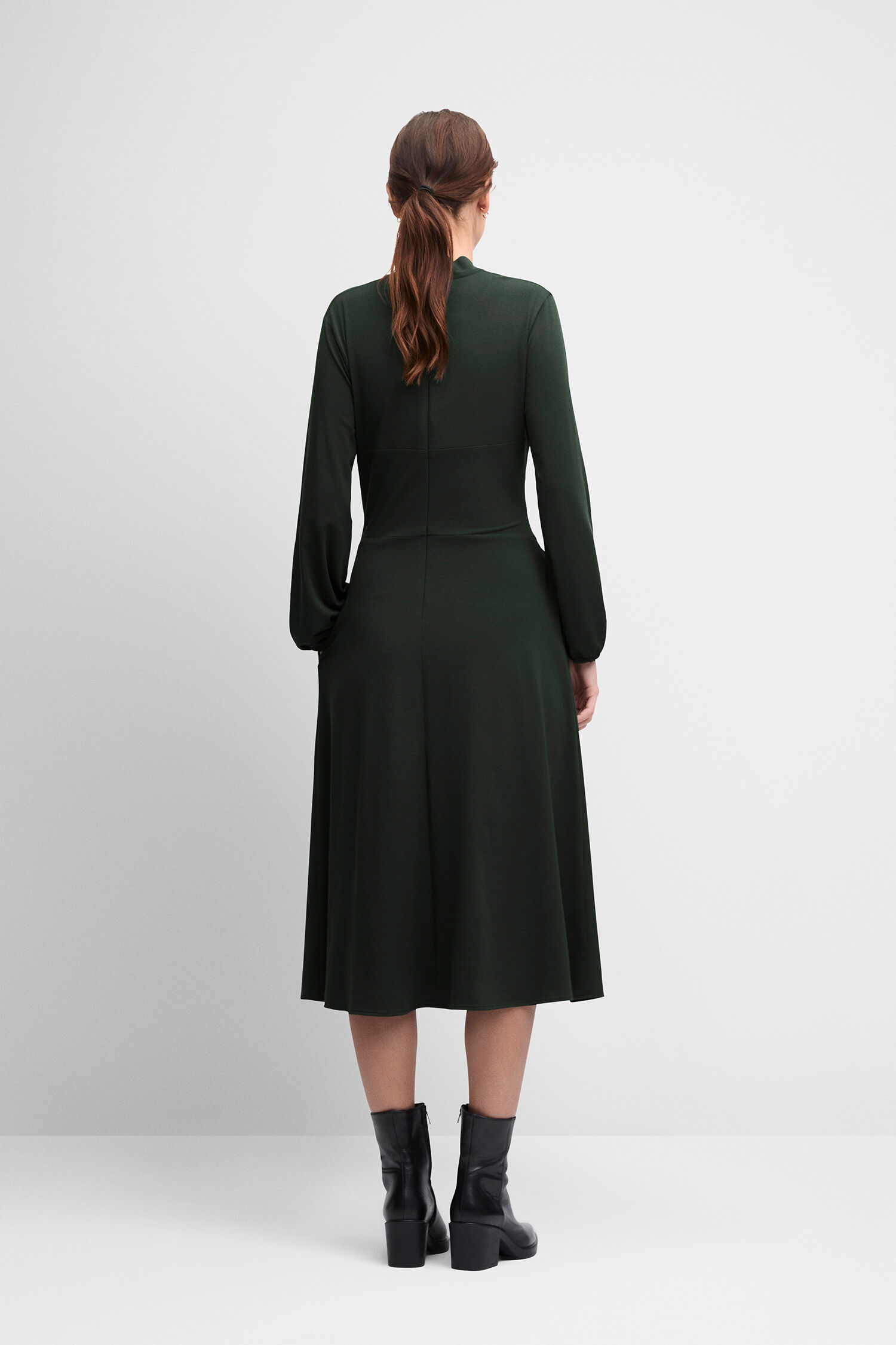 dunkelgrün, Midikleid, Rundhalsausschnitt, Langarm, Hochwärtiges Kleid
