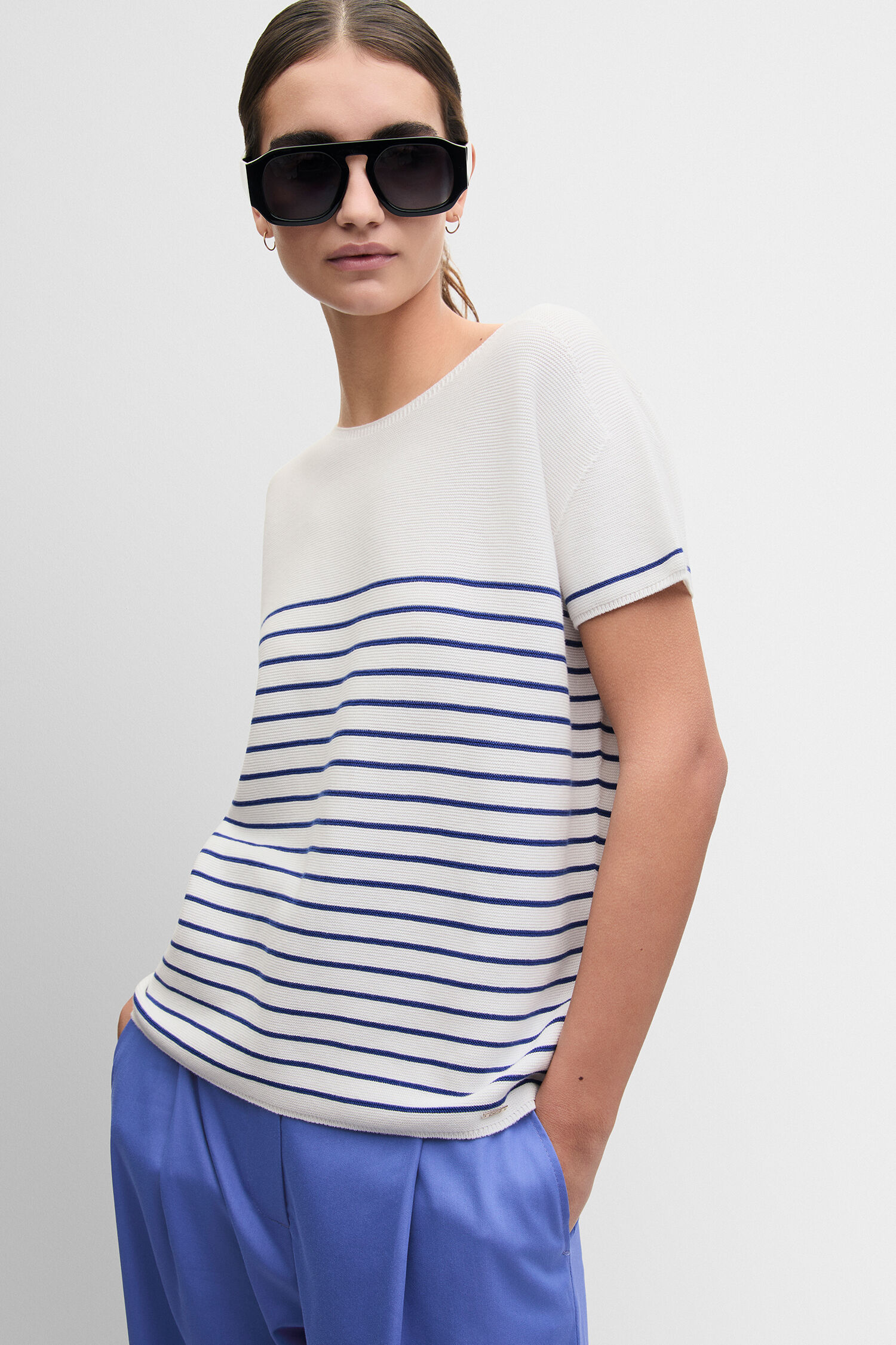 Strickpulli, Streifenmuster, Kurzarmpullover, Weiß, Blau