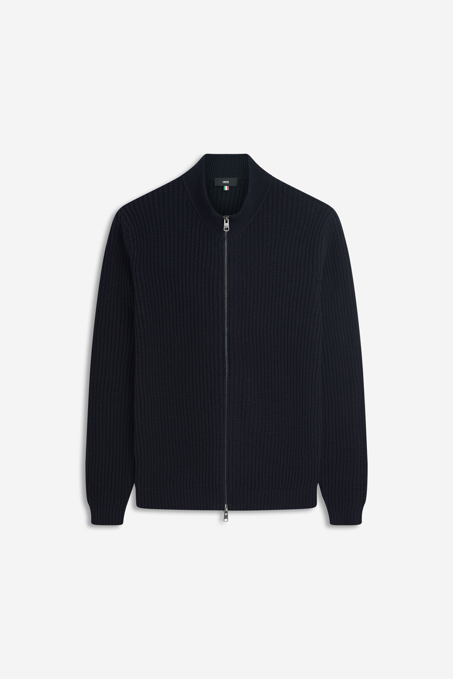 Kragenloser Cardigan, Zopfmuster, Reißverschluss, Navy, Knitwear