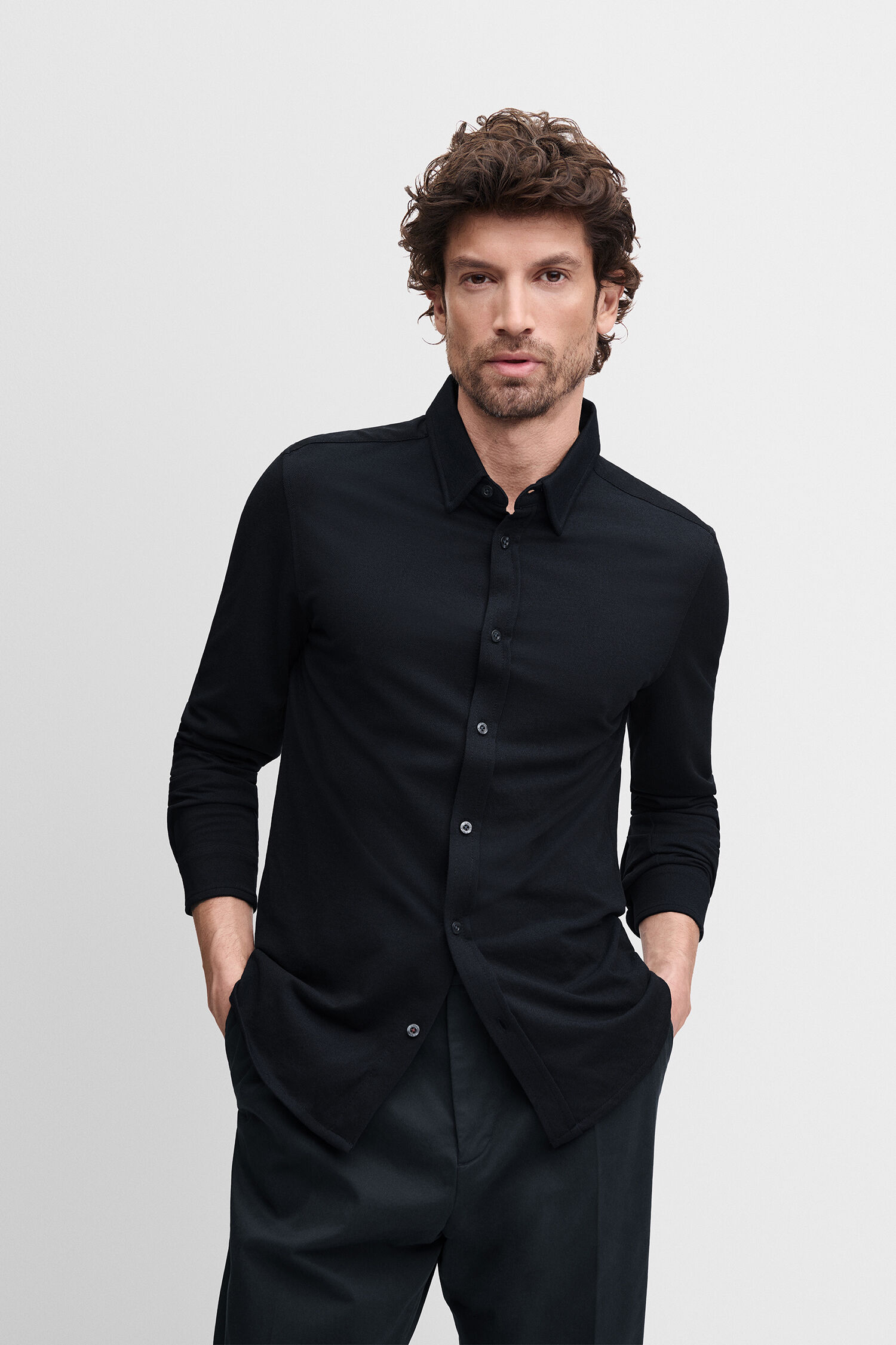 shirt, schwarz, Knopfleiste, Langarm, uni-farben - dark blue