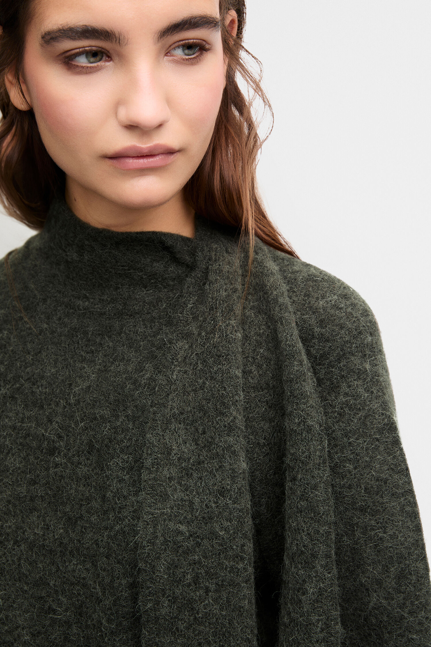 Pullover, Wolle, Dunkelgrün, Kragenlos, Manteloptik
