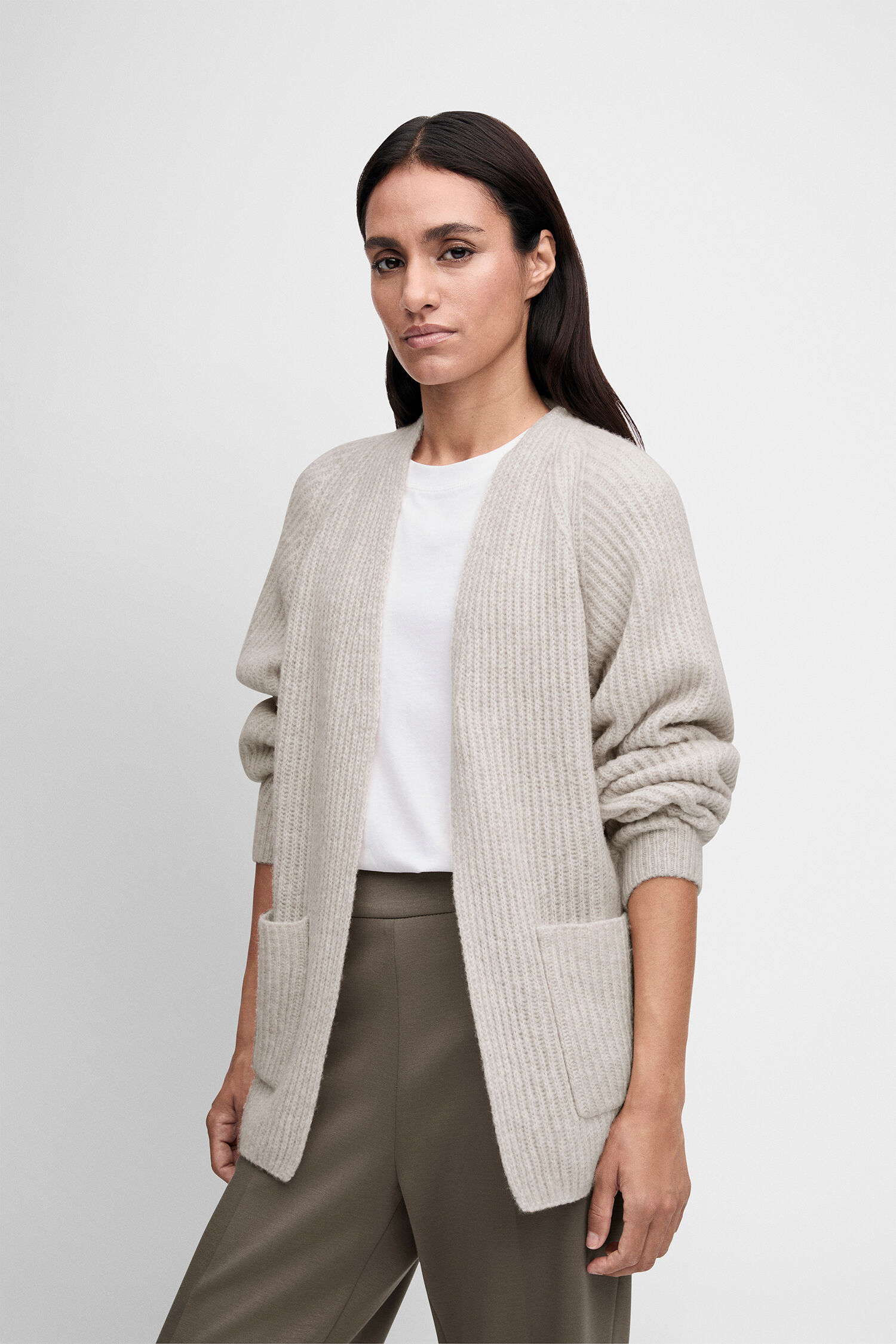 Wollpullover, Oversize, Cardigan, Beige, Bequeme Hose