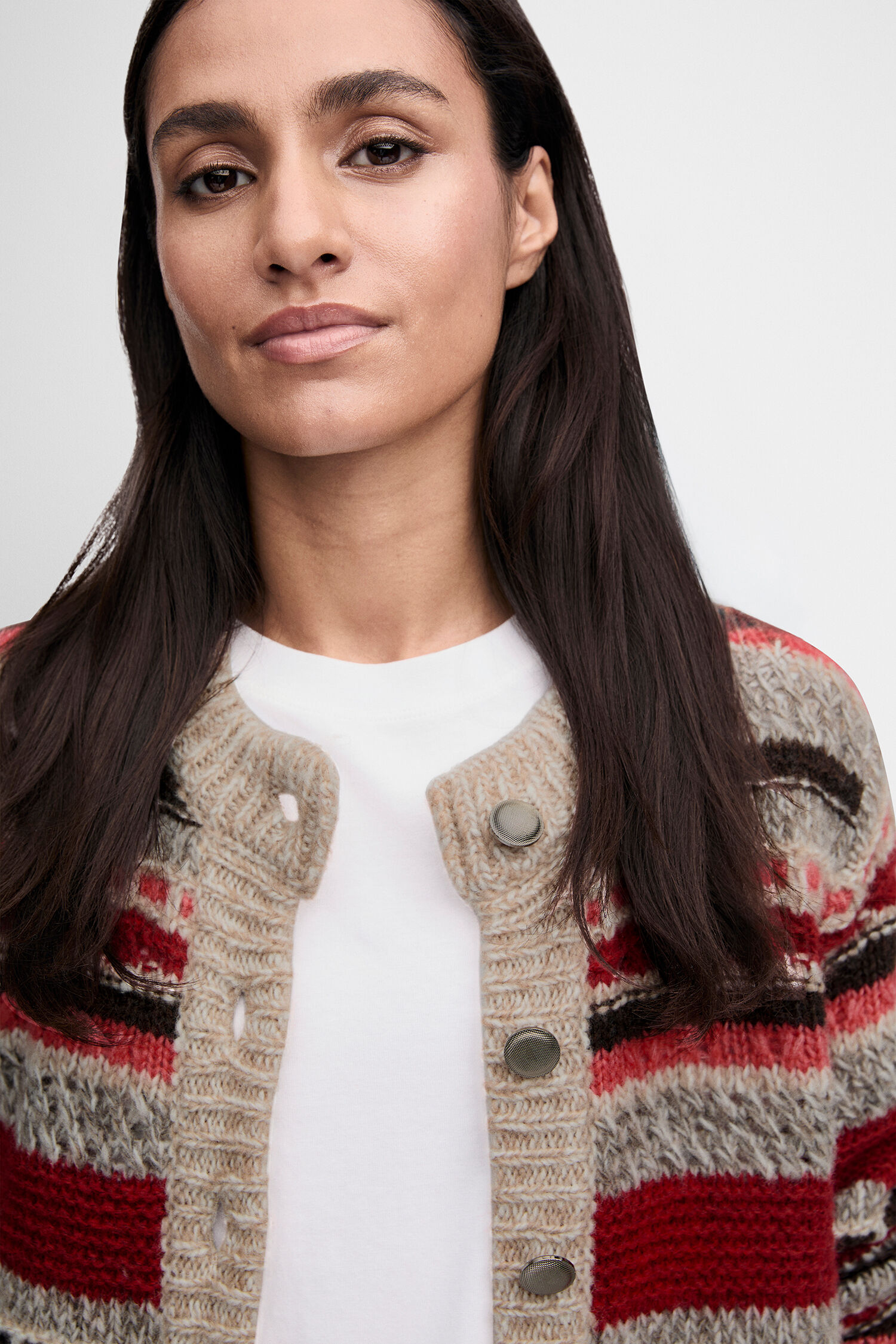 Cardigan, Strickjacke, gestreiftes Muster, beige, rotbraun