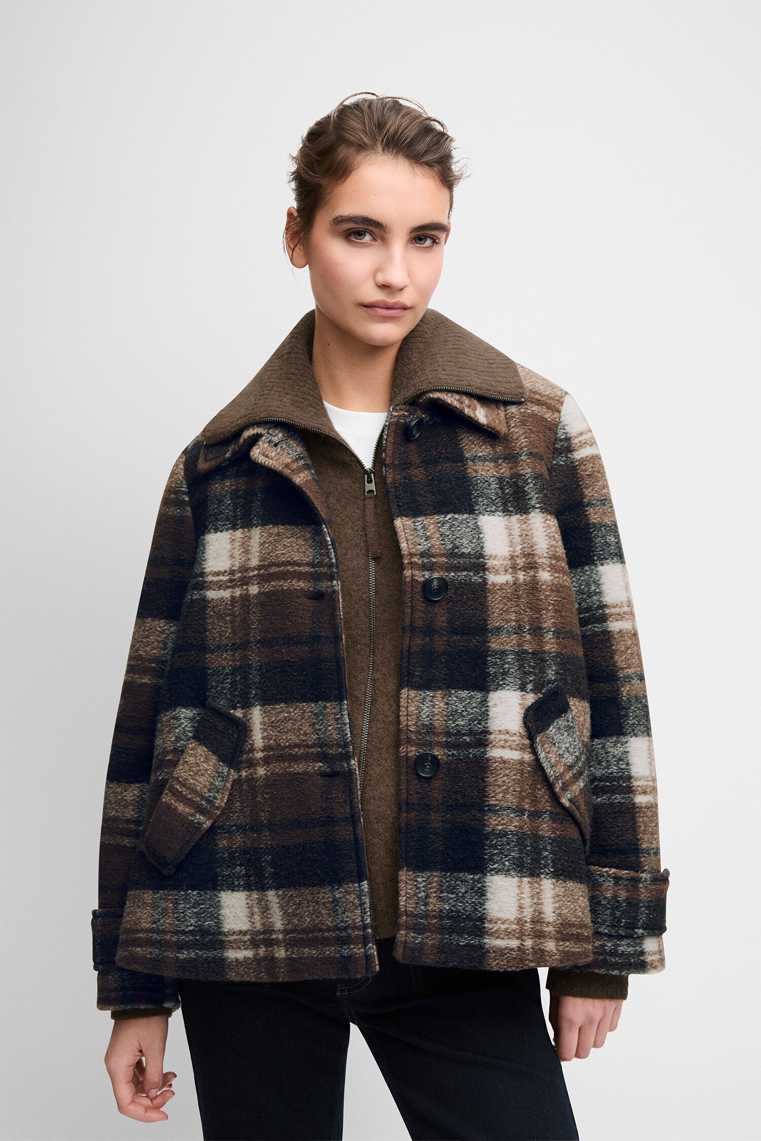 Plädierjacke, Wolljacke, Karomuster, Braun, Oversized