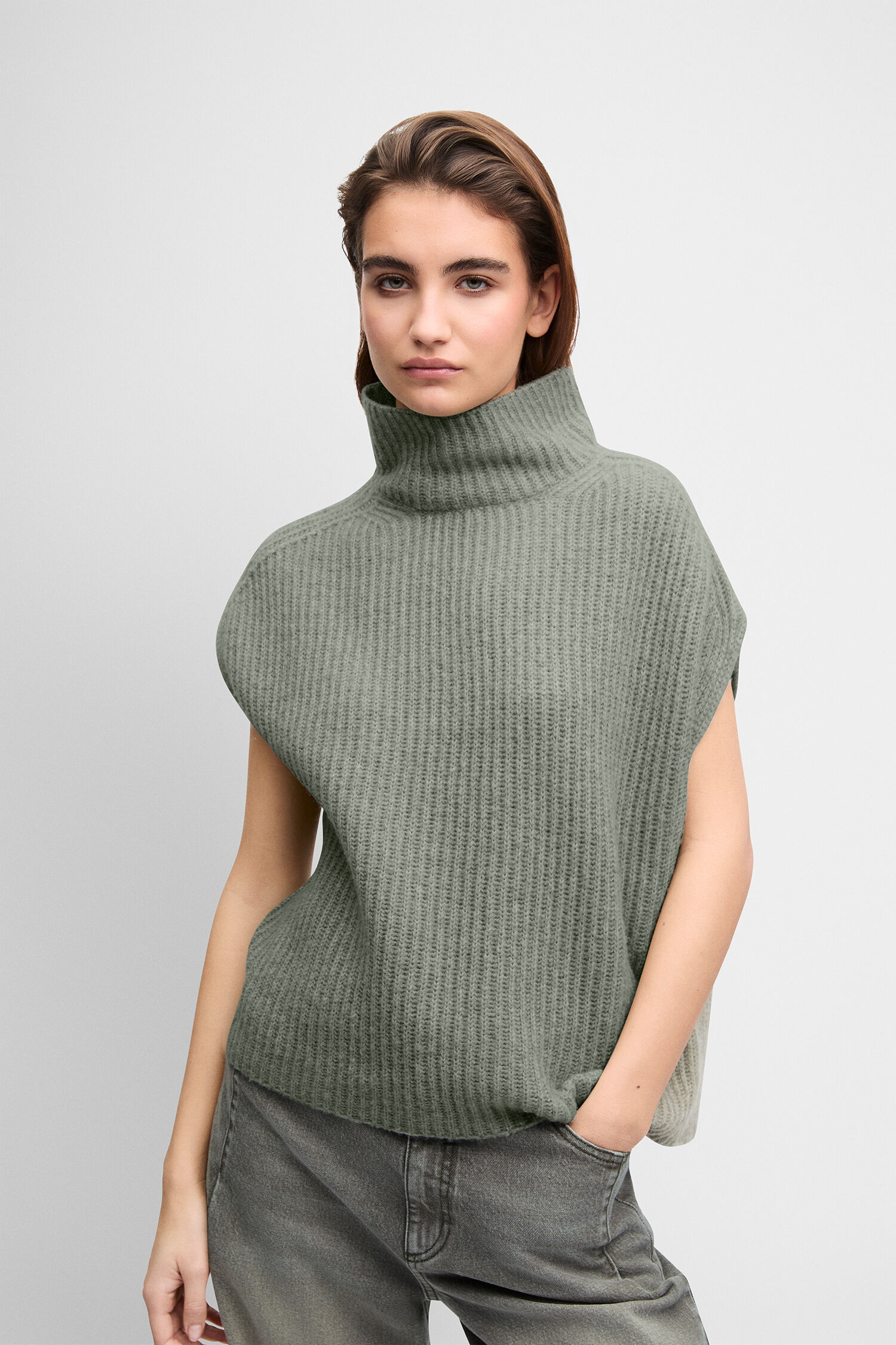 Poncho, Rollkragen, Strickware, Oversized, Graugrün
