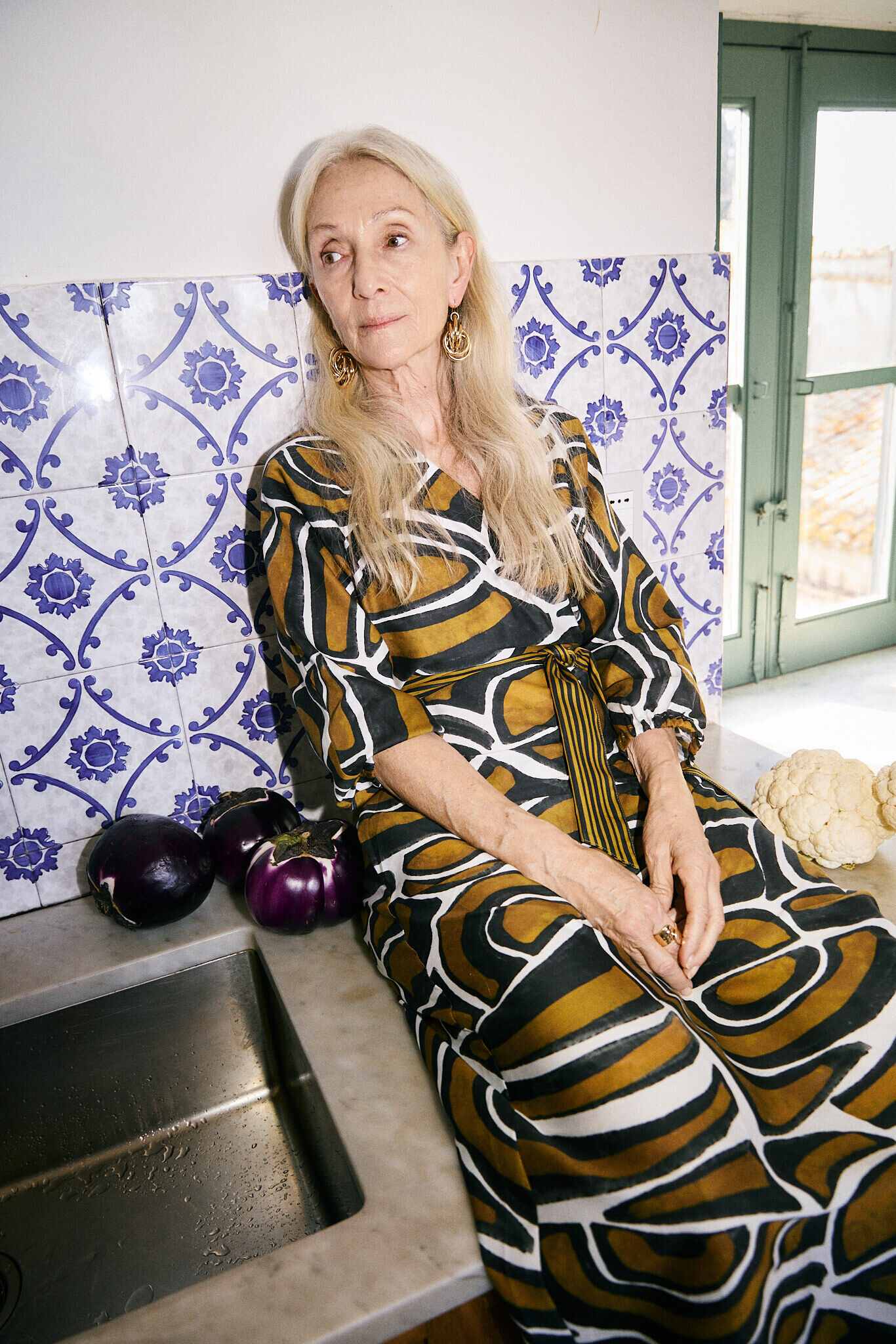 elderly woman, kitchen, dress, patterned dress, earrings