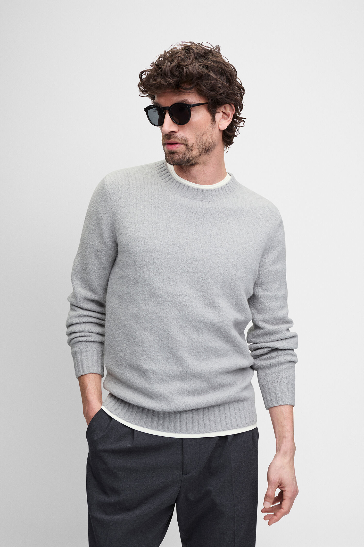 Pullover, Rundhals-Pullover, Grau, Knit, Sonnenbrille
