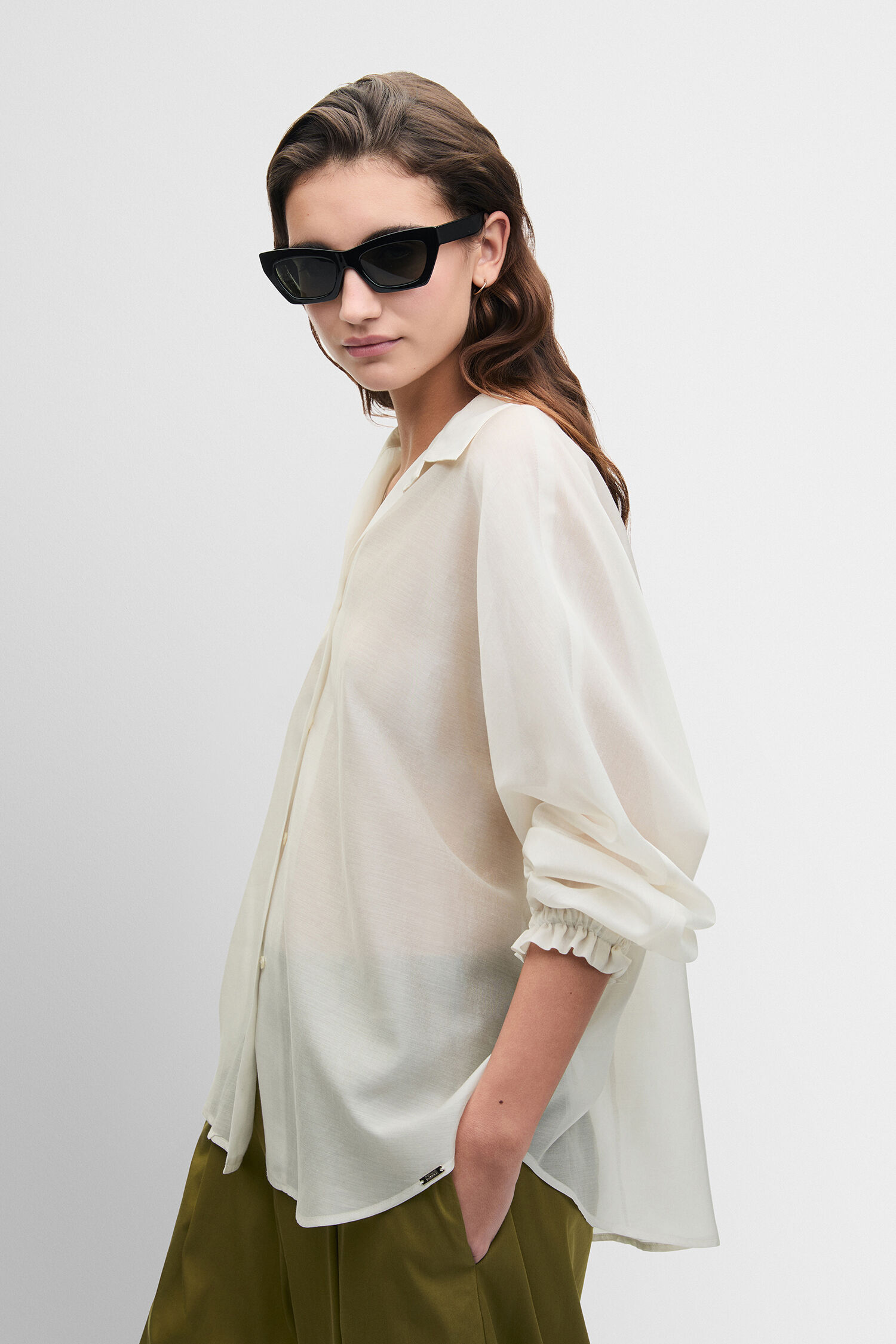 Bluse, Weiß, Langarm, Kragen, Transparenz