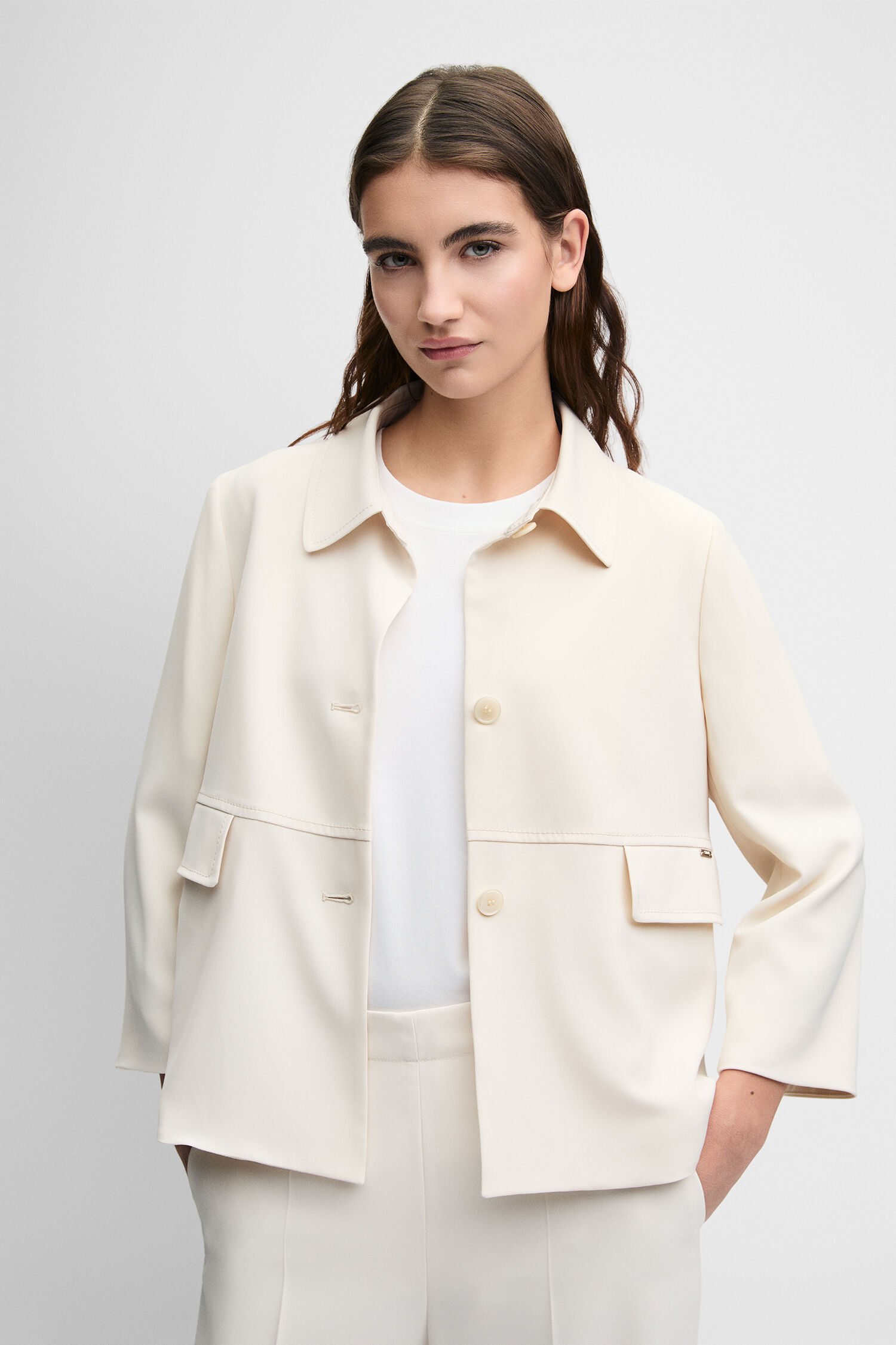 Jacket, Blazer, Cream color, Open front, Long sleeves