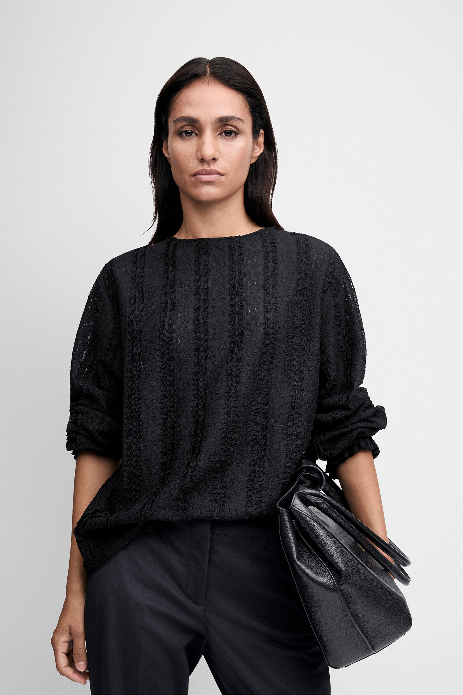 schwarz, Bluse, Spitze, langärmlig, Handtasche