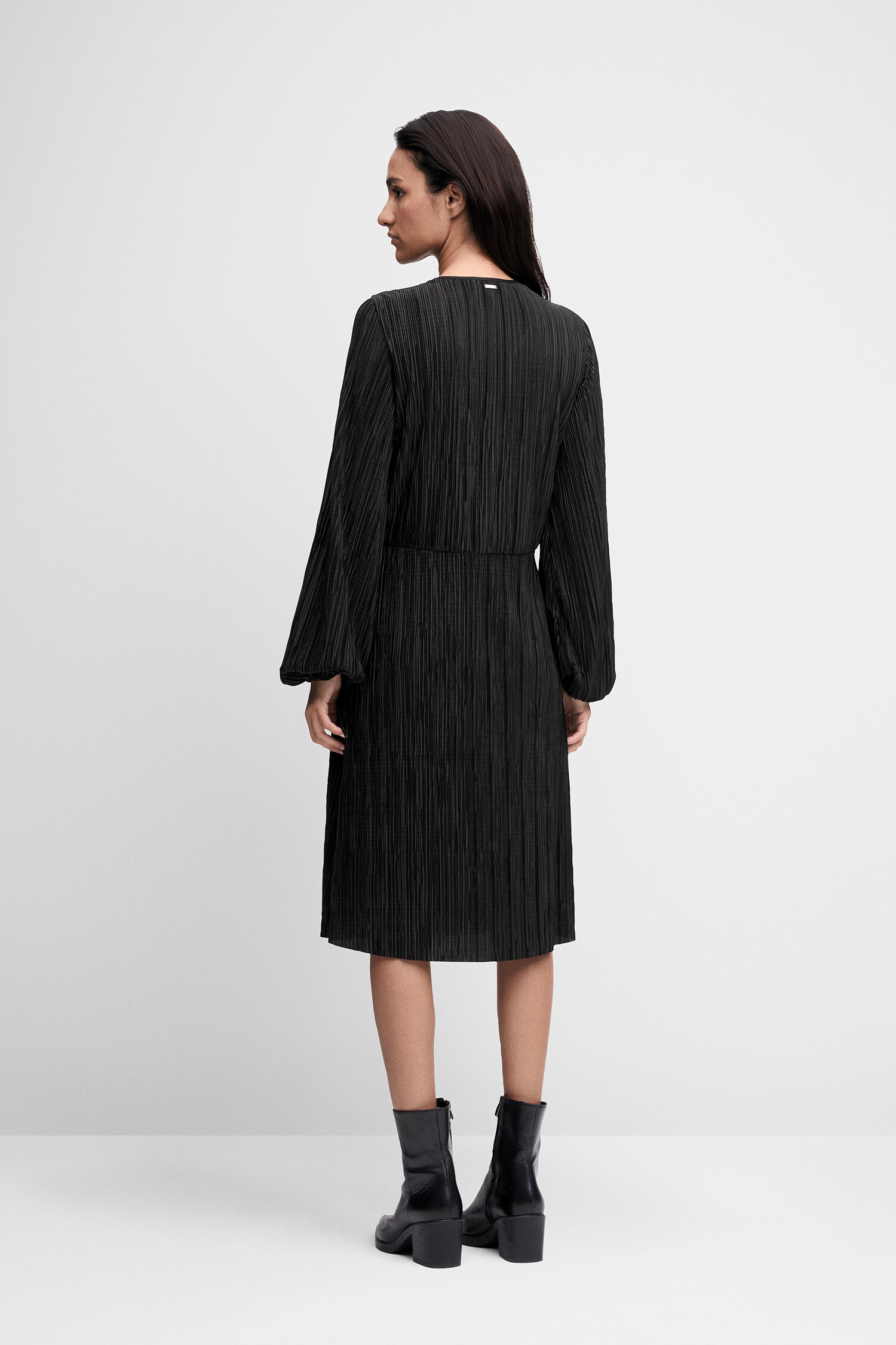 Kleid, Langarm, Schwarz, Rippstruktur, Midikleid