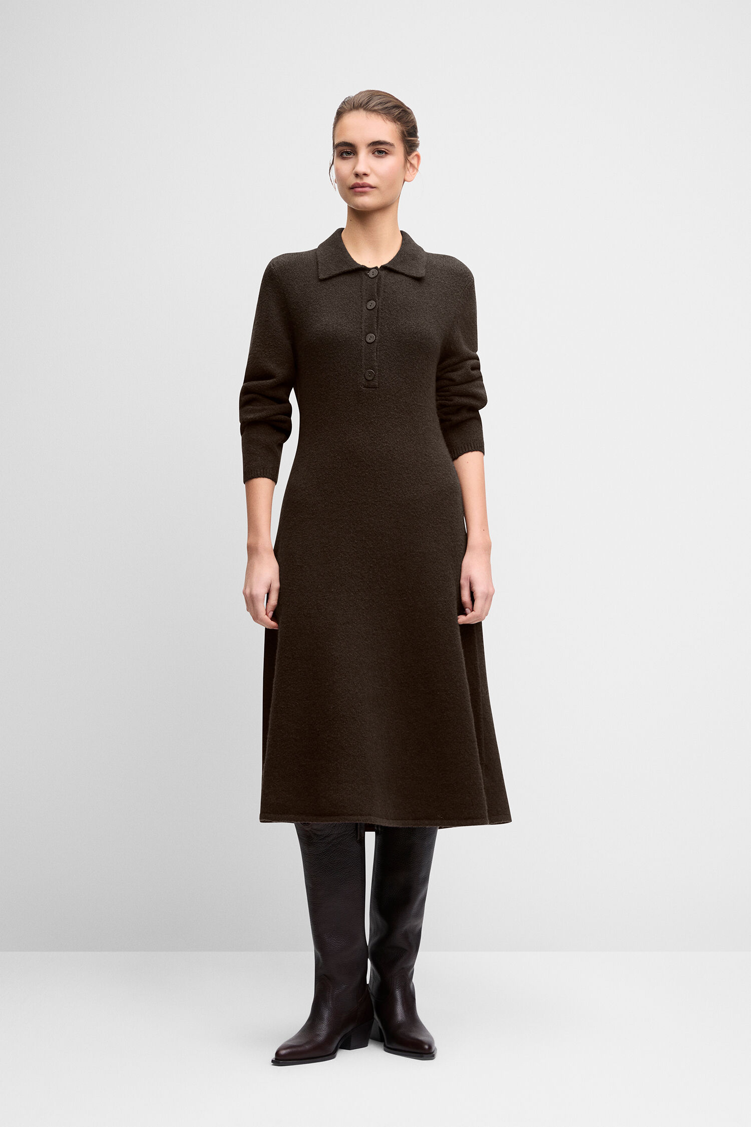 Damenkleid, Midikleid, Polo-Kleid, Braun, Knopf-Detail