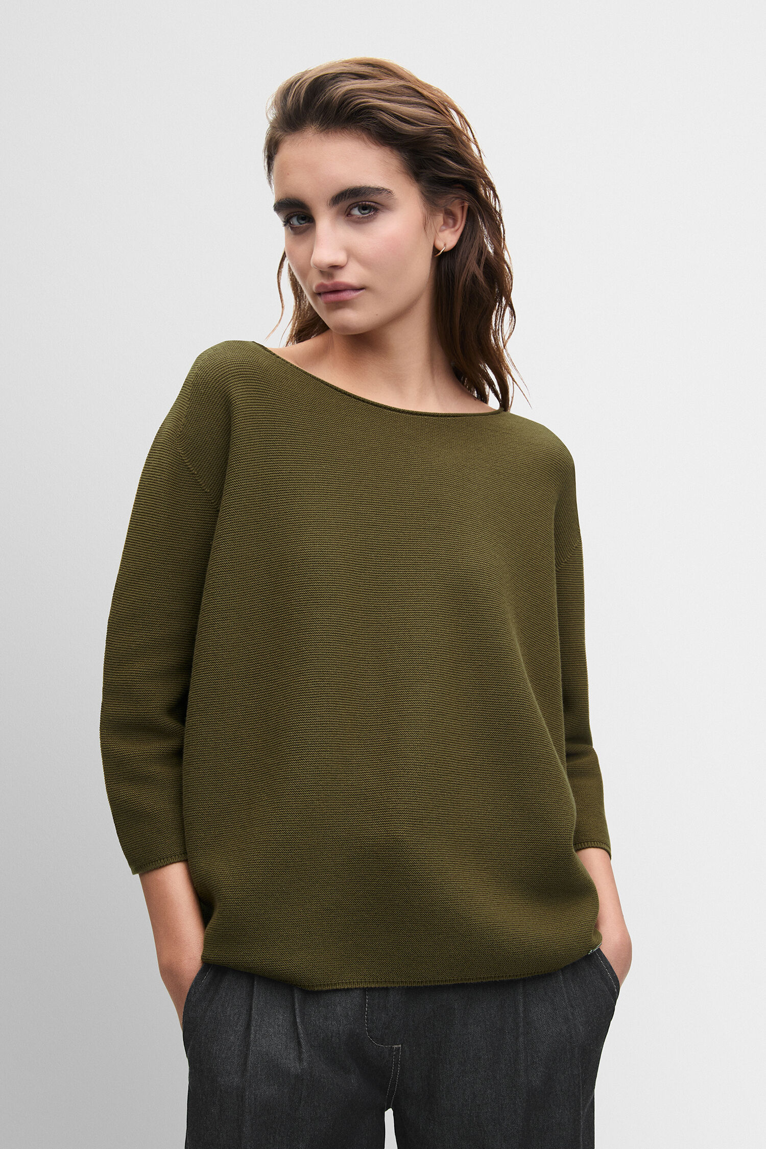 OLIVE GREEN, Knit Sweater, Crew Neck, Long Sleeve, Casual Top