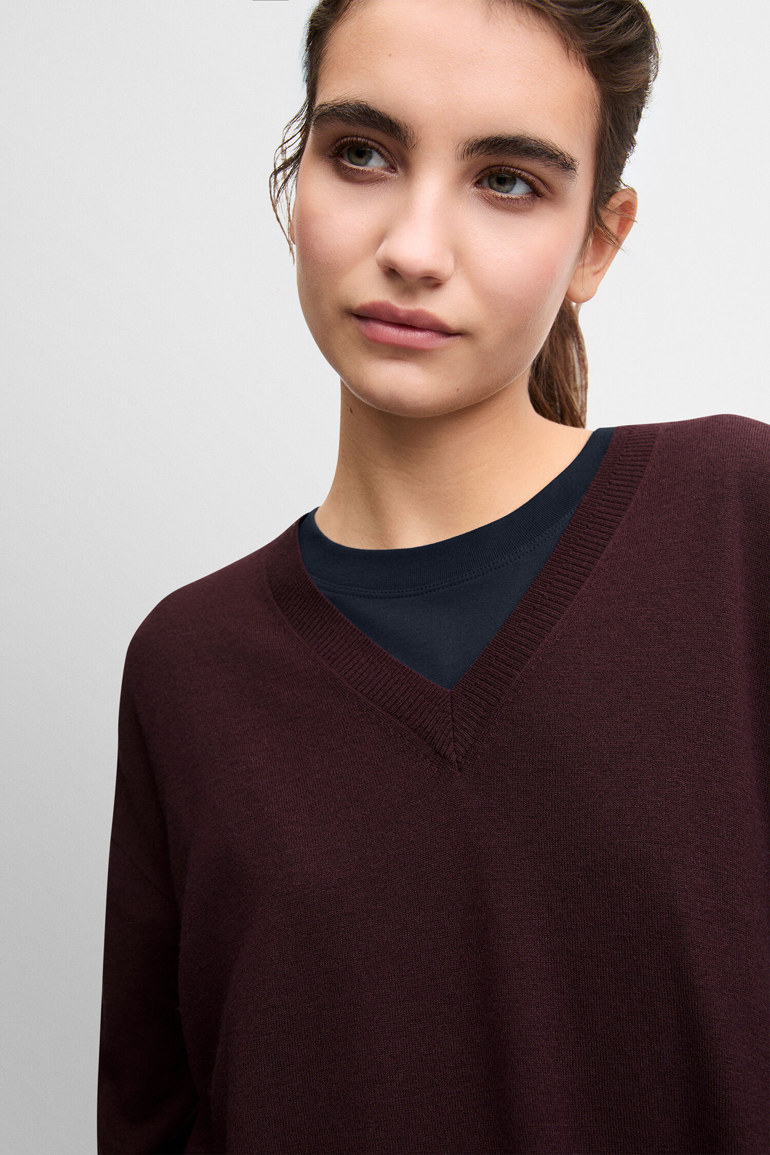 V-Ausschnitt, Pullover, Burgundy, Langarm, V-Ausschnitt-Pullover