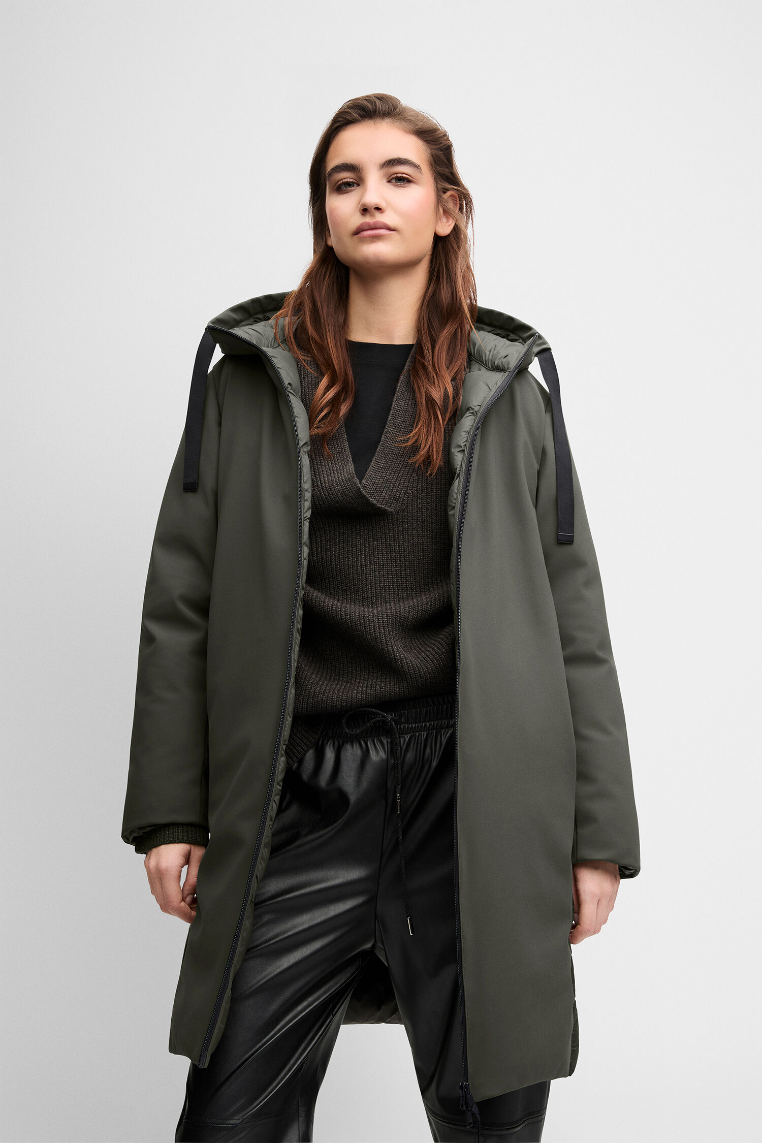 jacke, parka, kapuze, olivgrün, lang