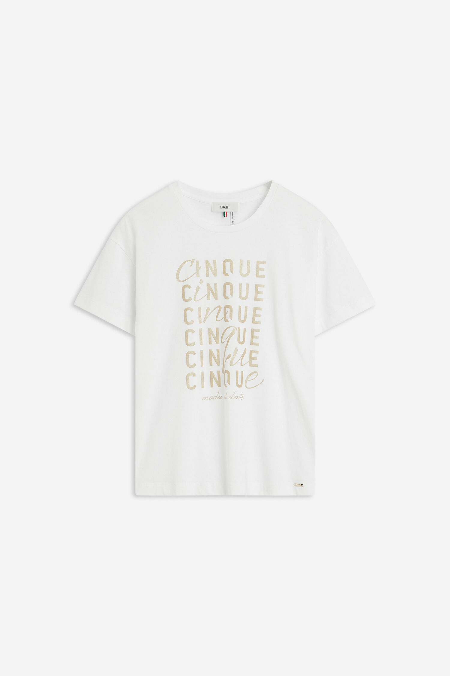 T-Shirt, Weiß, Rundhals, Goldene Schrift, Logo/Text