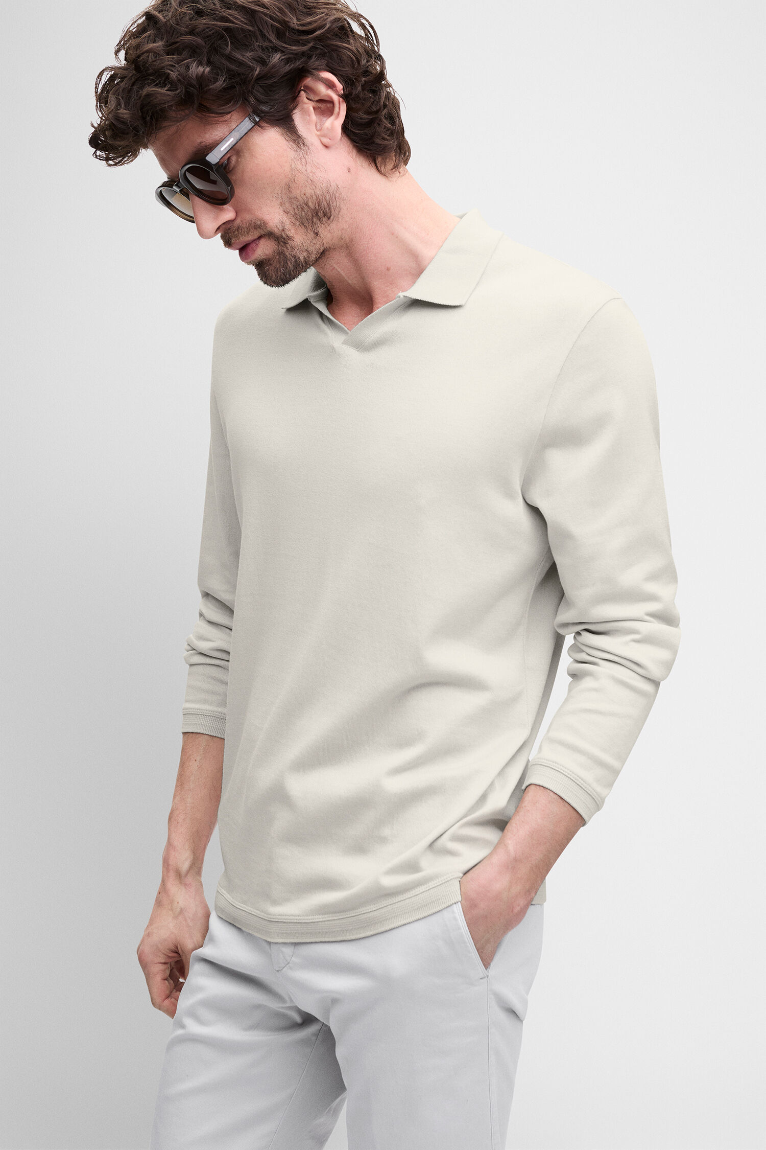 Poloshirt, Langarmshirt, Beige, Kragenpolo, Baumwolle
