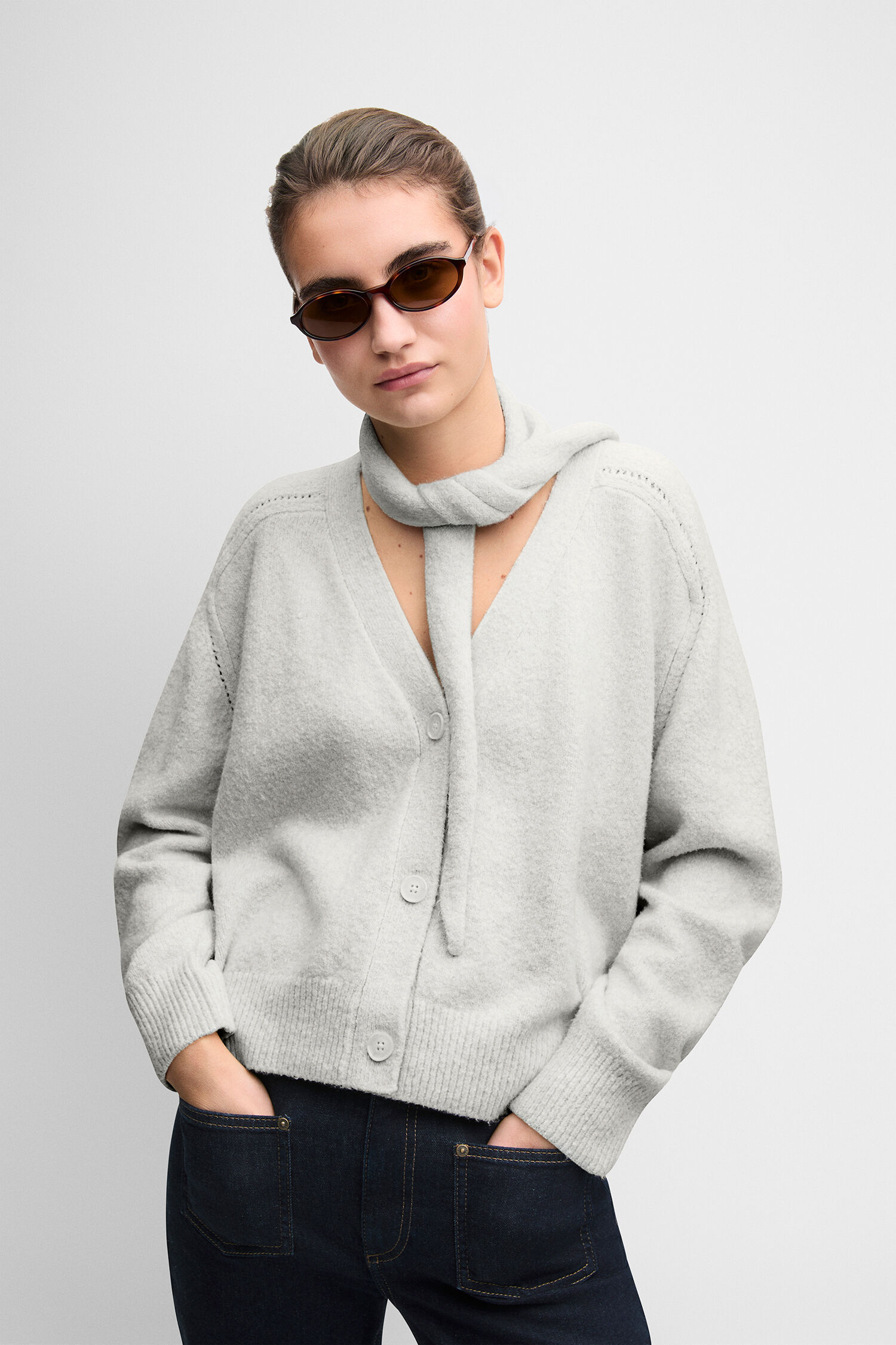 Cardigan, Strickjacke, Grau, Oversized, Schaloptik-Strick