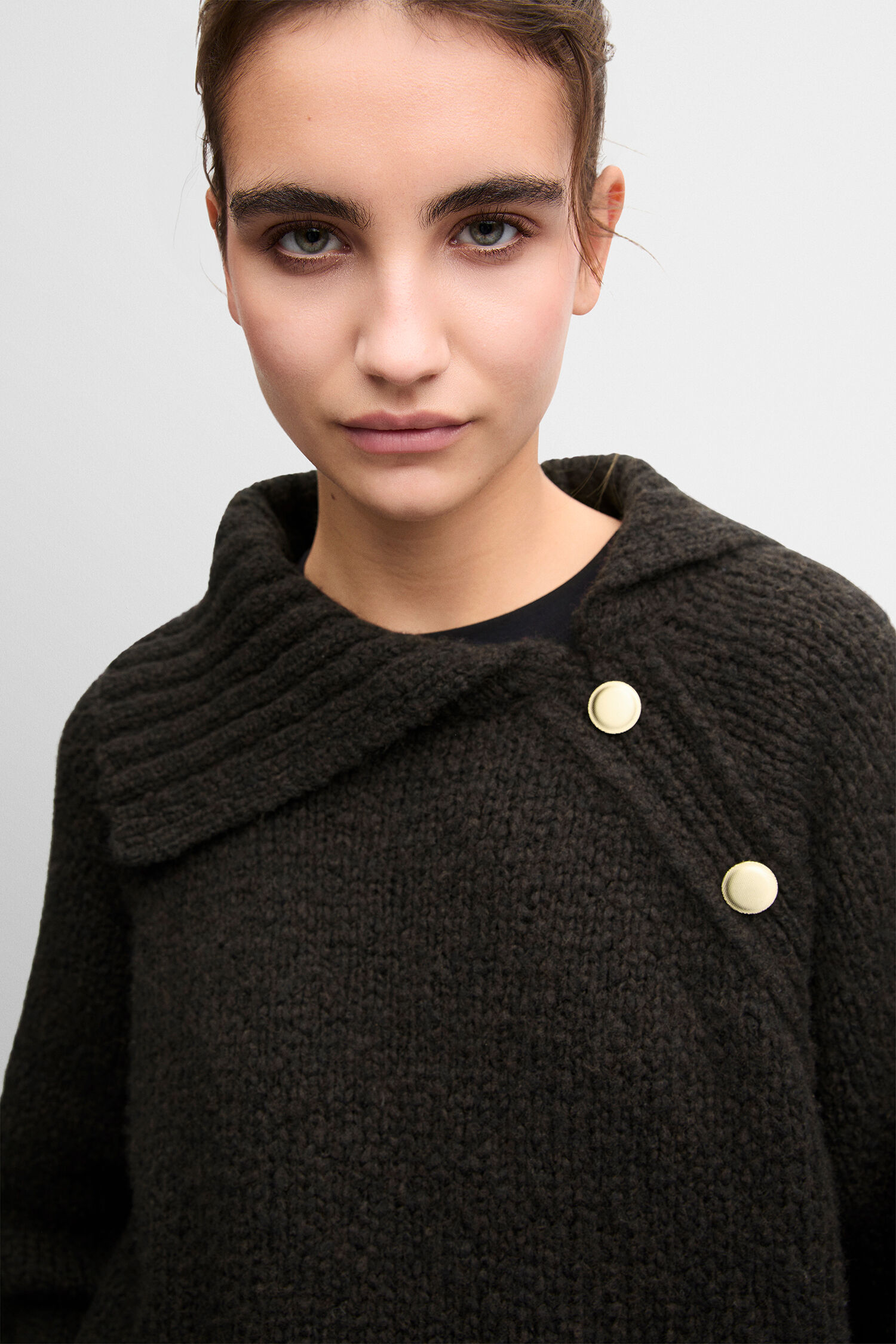 hooded, black, knit, cardigan, turtleneck