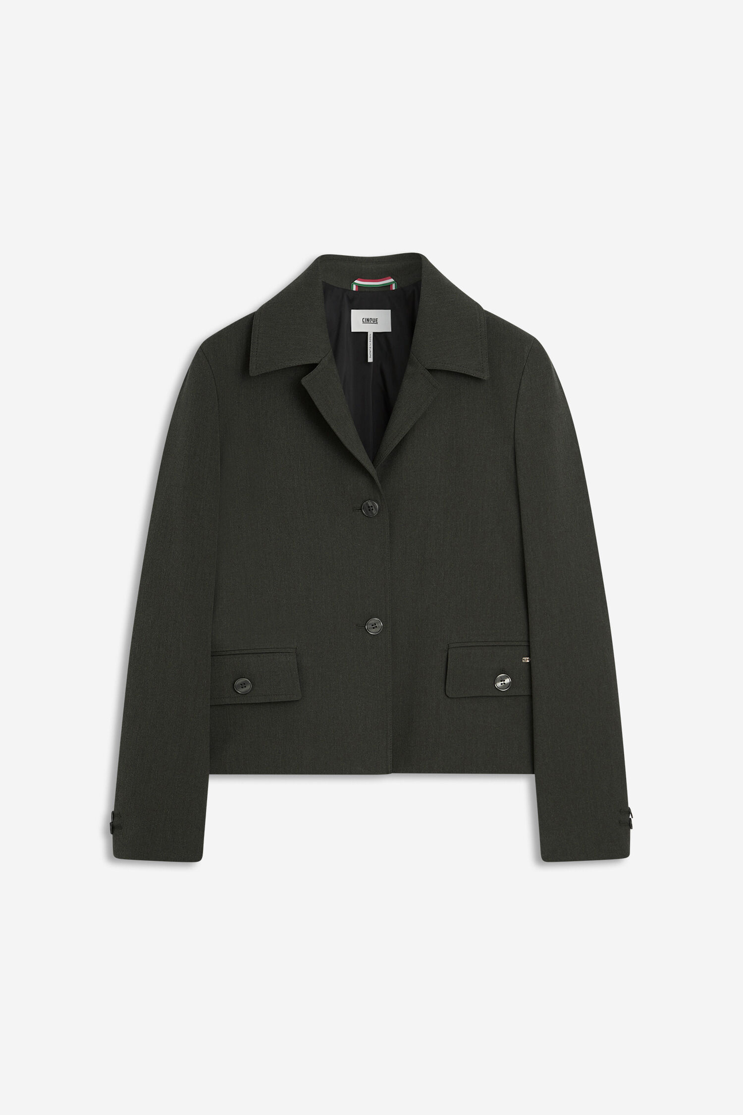 jacke, blazer, dunkelgrün, knopfleiste, reverskragen