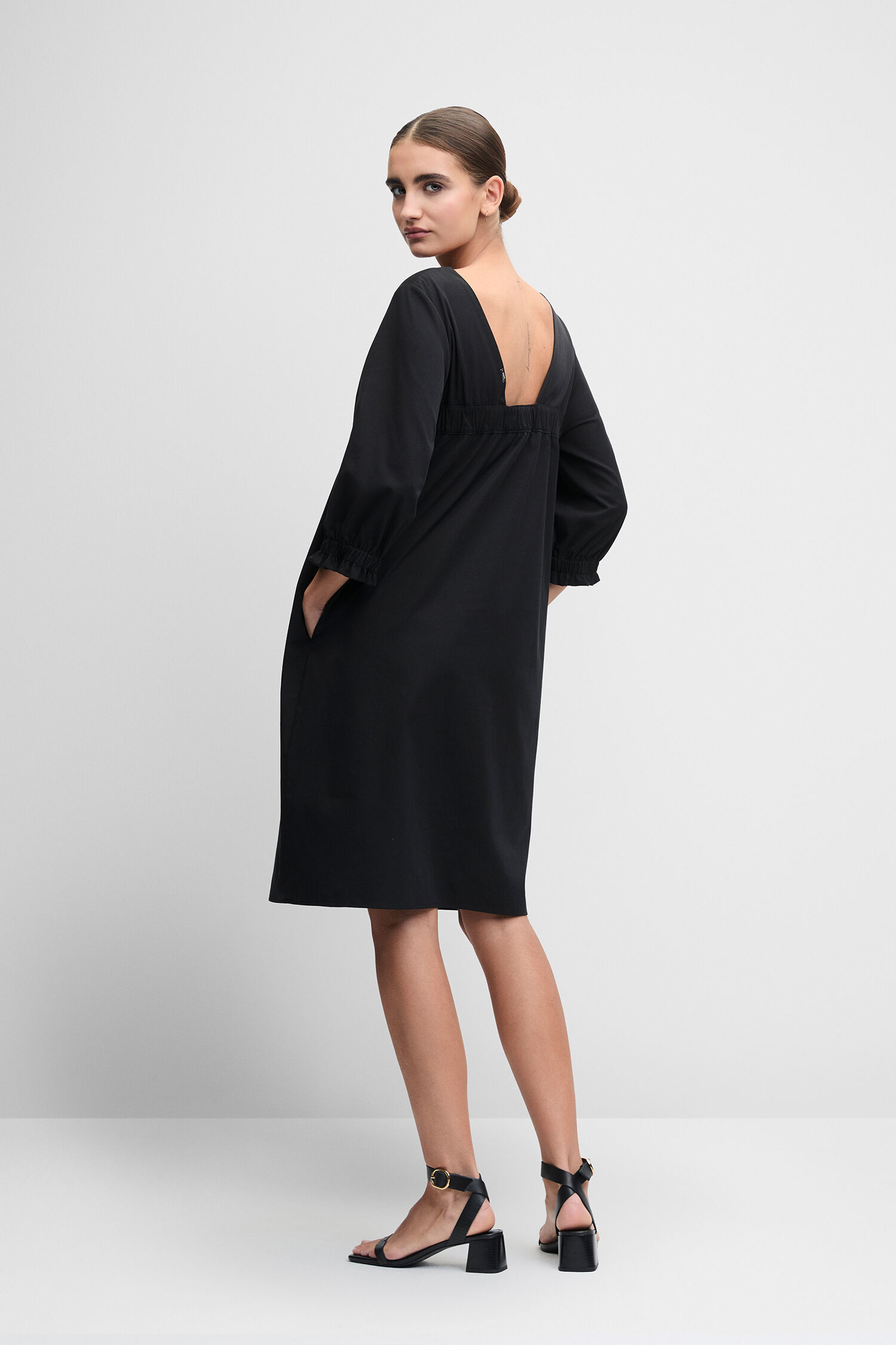 Kleid, Schlicht, Schwarzes Kleid, 3/4-Ärmel, Midi-Länge