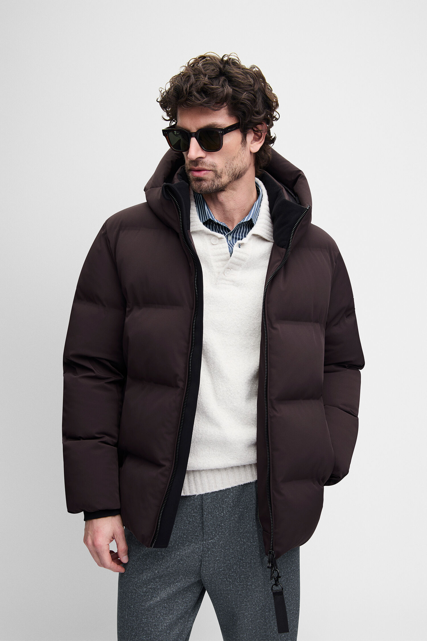 Puffer Jacket, Hooded, Dunkelbraun, Wintermantel, Reißverschluss