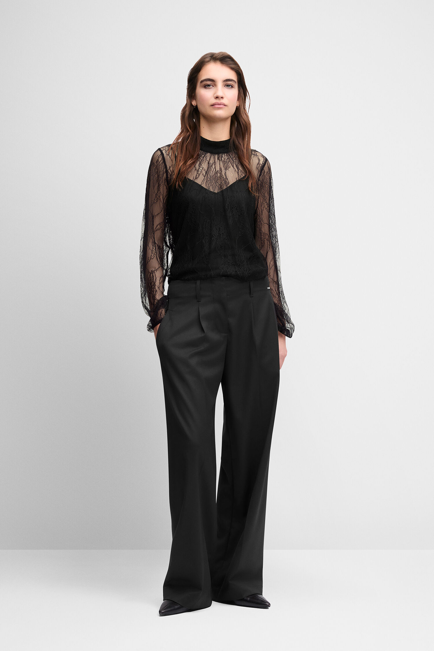 black lace top, sheer lace, black trousers, wide-leg pants, lace blouse