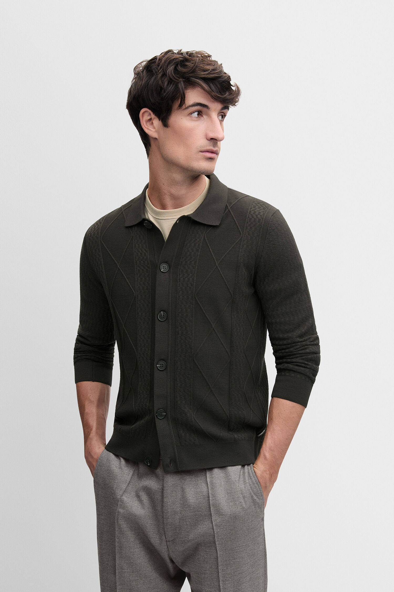 Cardigan, Strickware, dunkelgrün, Diamantmuster, Knopf-Front