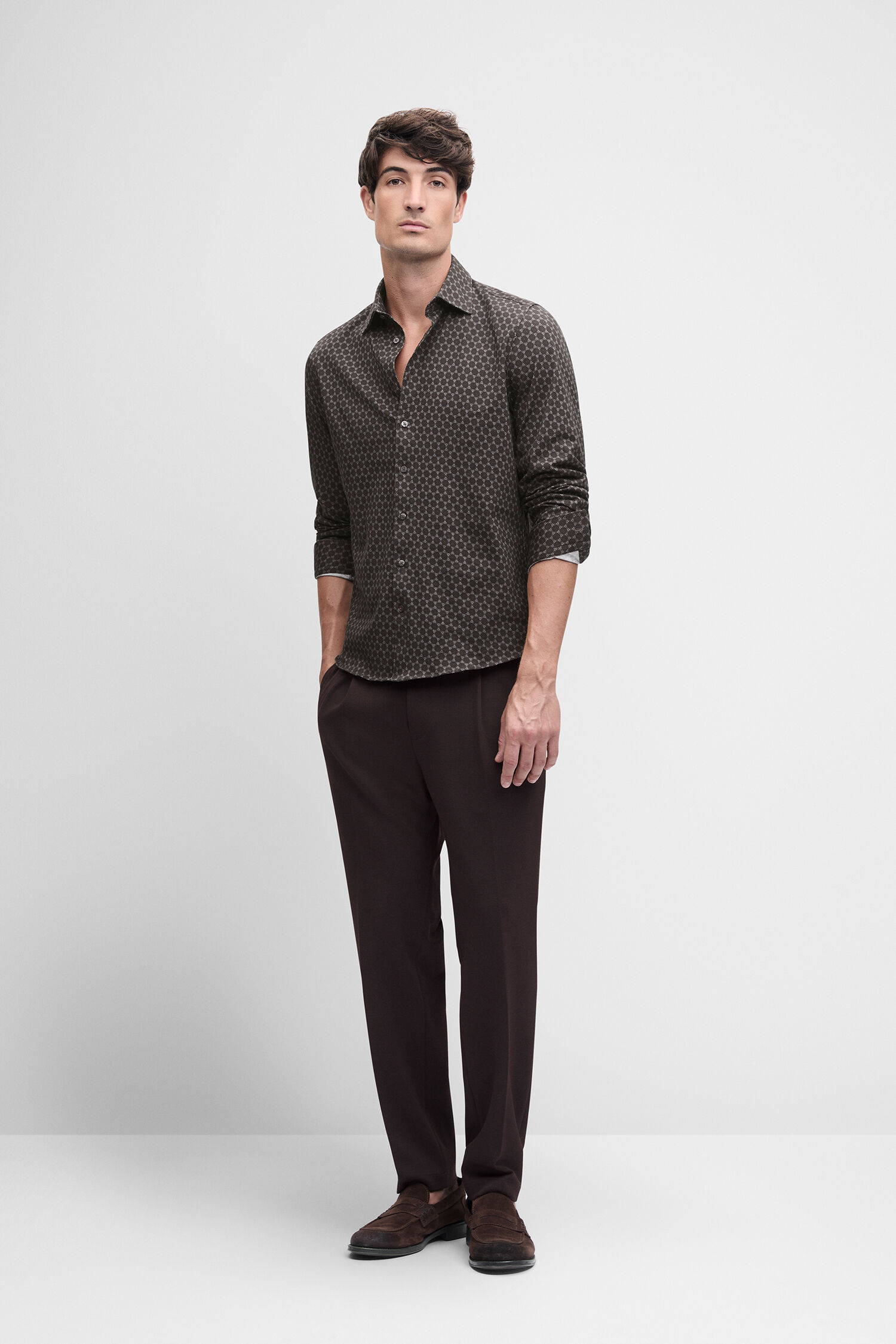Hemd, Langarm, Muster, Dunkelbraun, Button-Down
