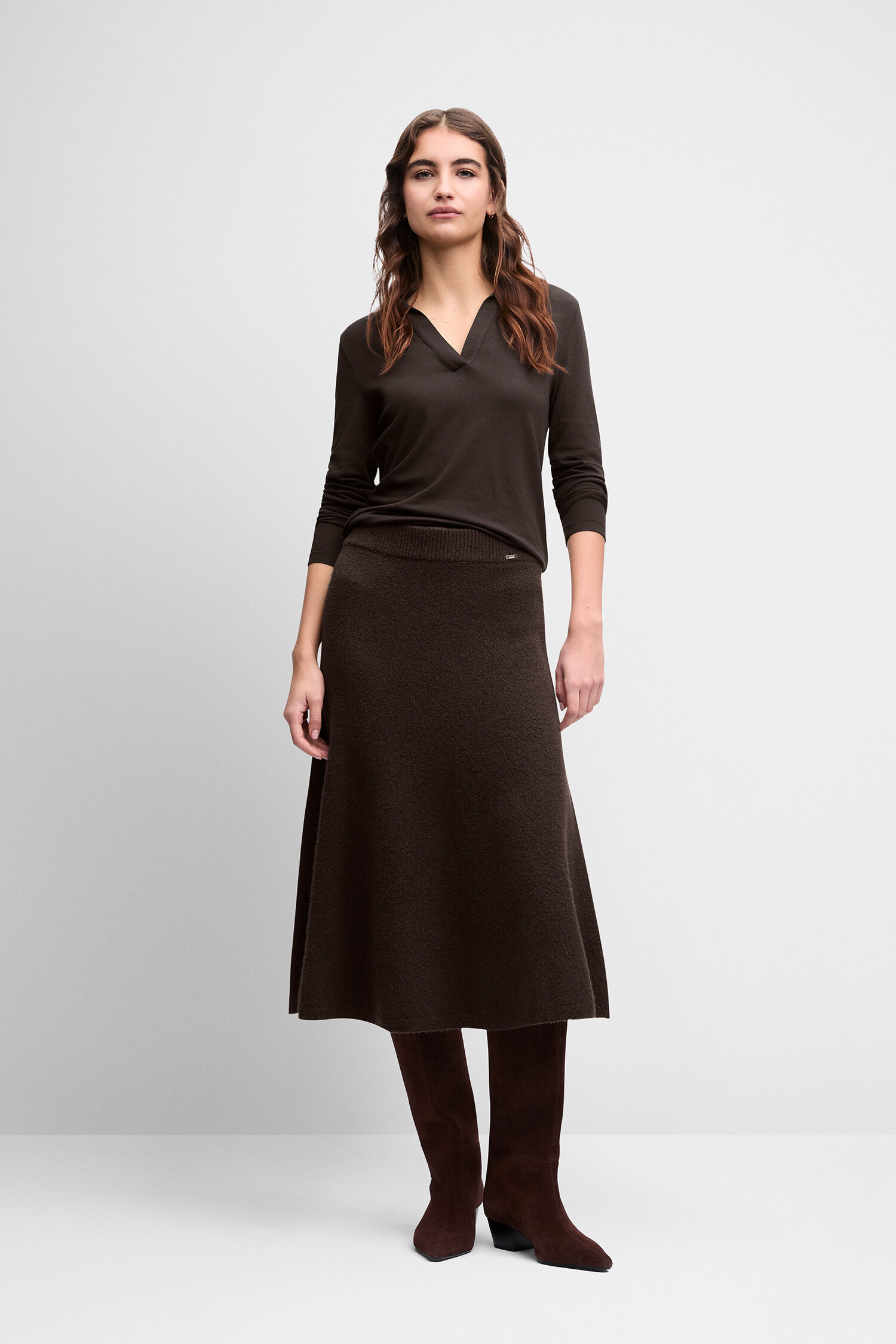 Kleid, Kleidermaterial, Wolloptik, Überknie-Länge, Stiefel