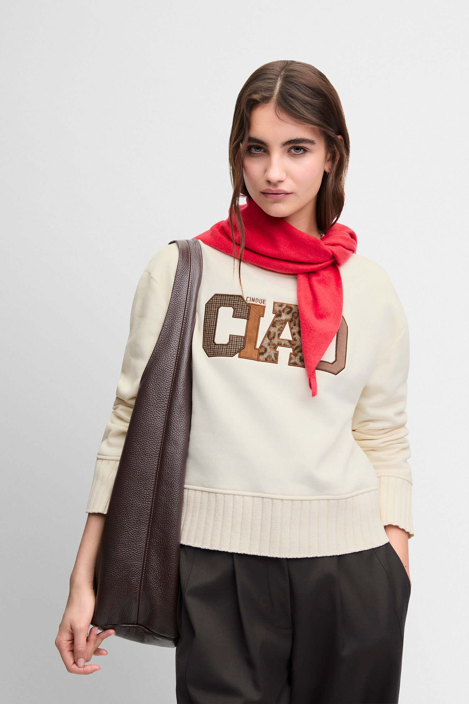 Sweatshirt, Beige, Kragenripp, Logo-Print, Oversized
