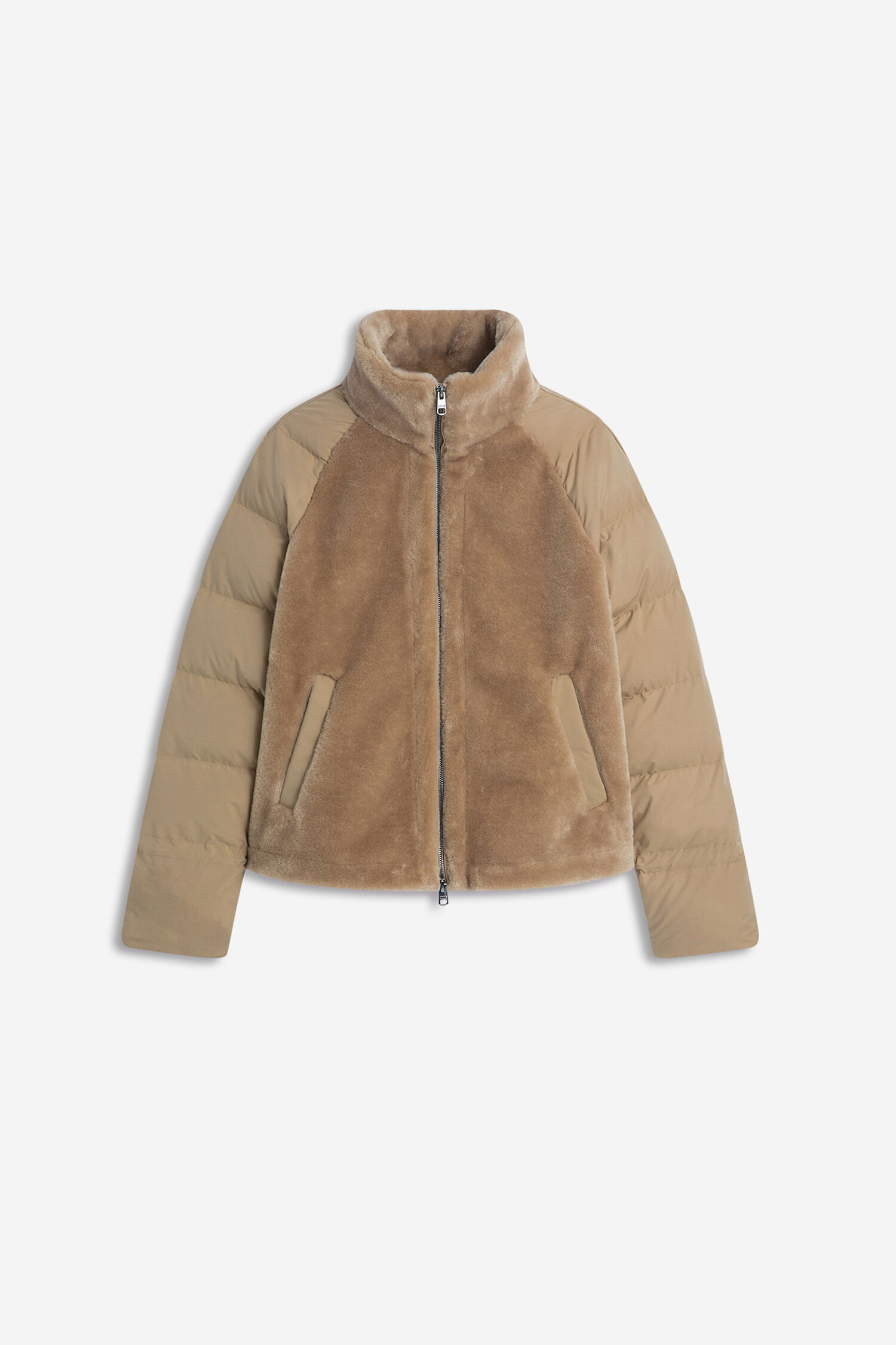 Pufferjacke, Schnellverschlussreißverschluss, Frontreißverschluss, Teddyfell, Beige