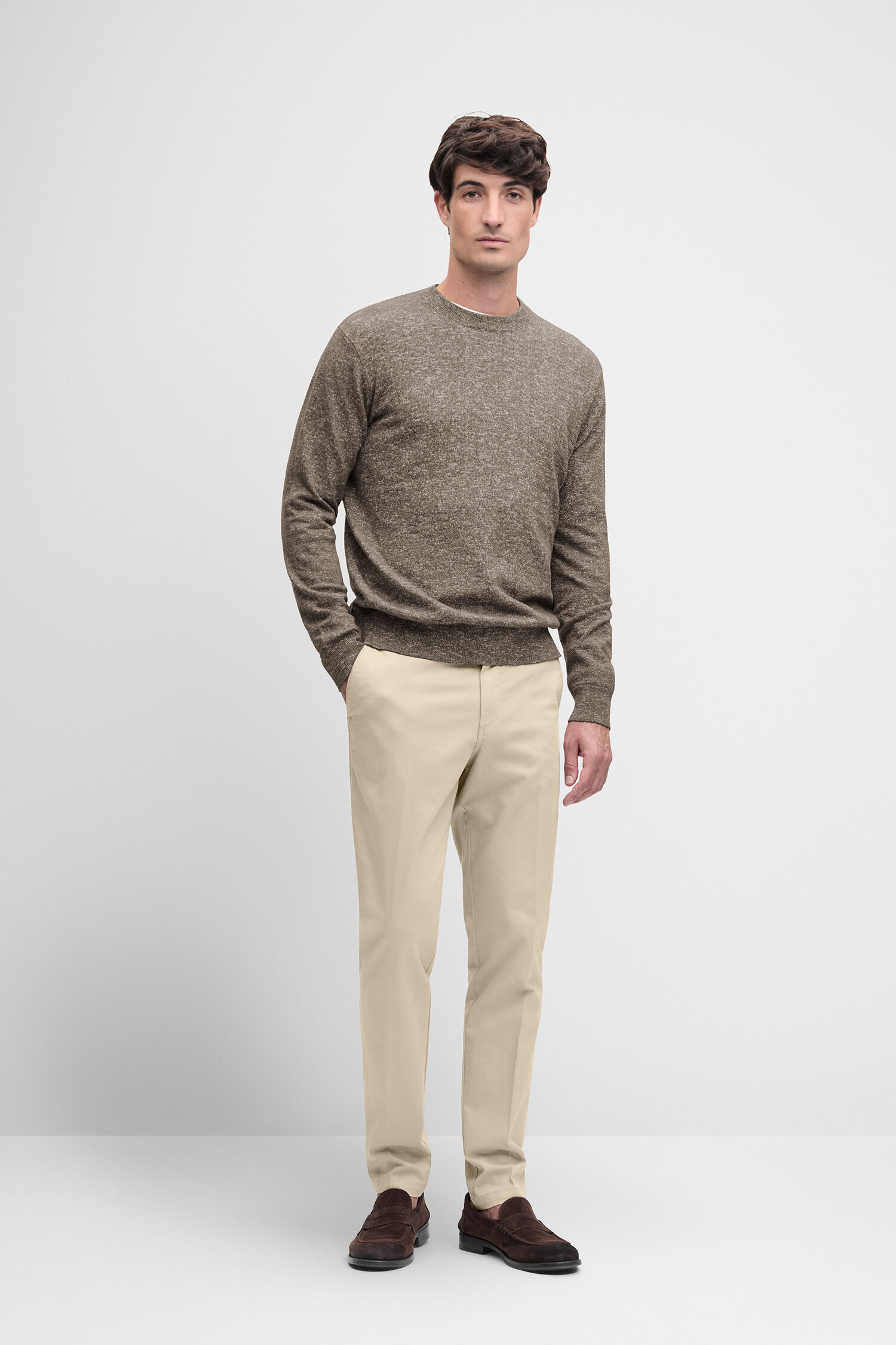 Pullover, Rundhals, Marl-Knit, braun, Langarm
