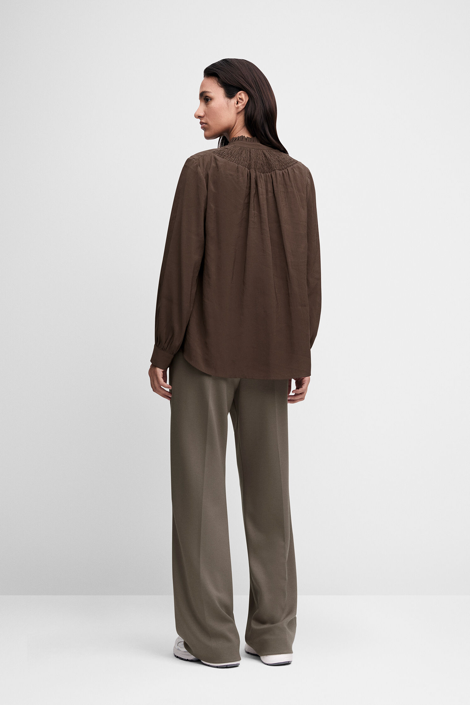 blouse, brown, long-sleeve, loose fit, wide-leg trousers
