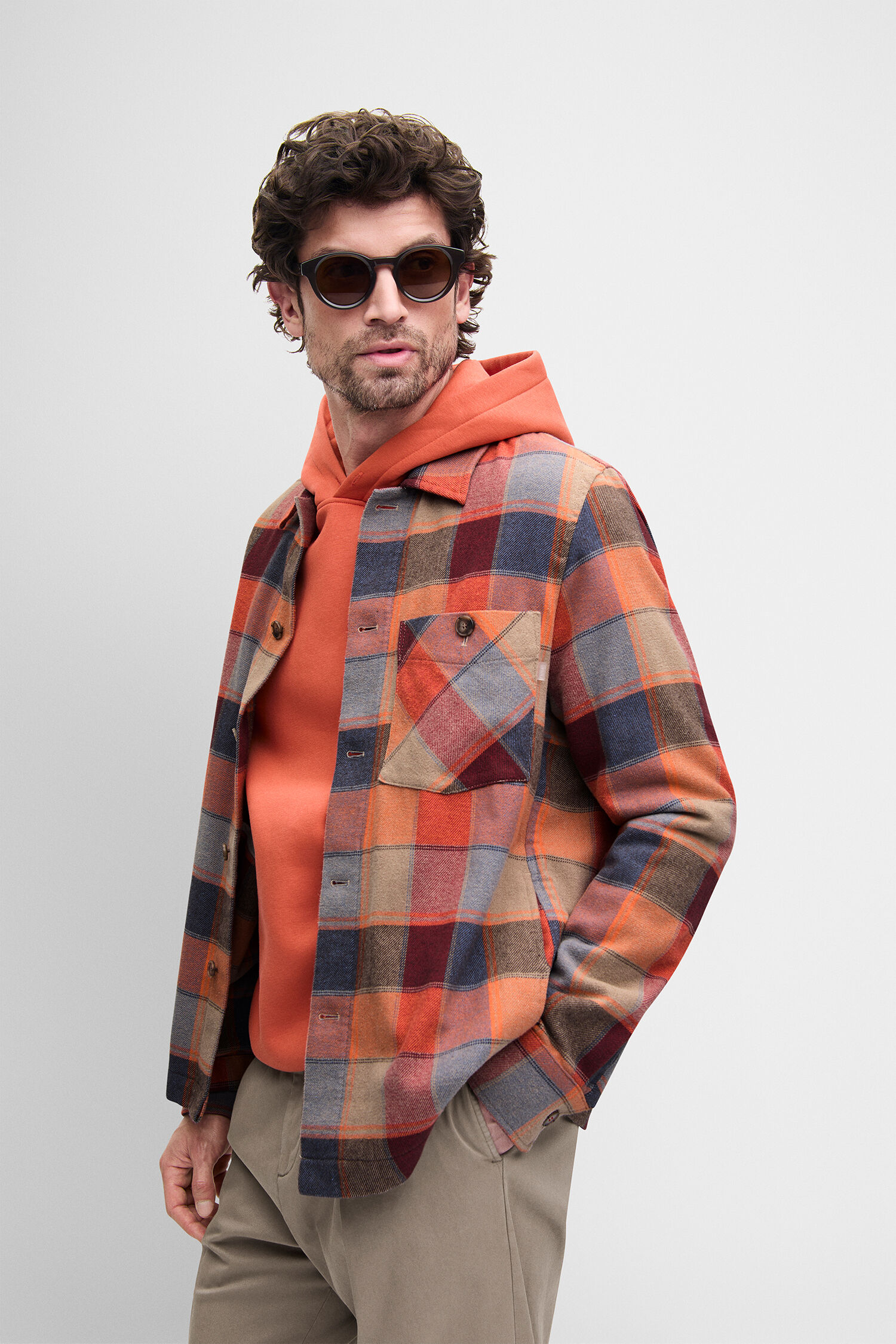 Flanellhemd, Karomuster, Overshirt, Orangeton Hoodie, Schnitthemd