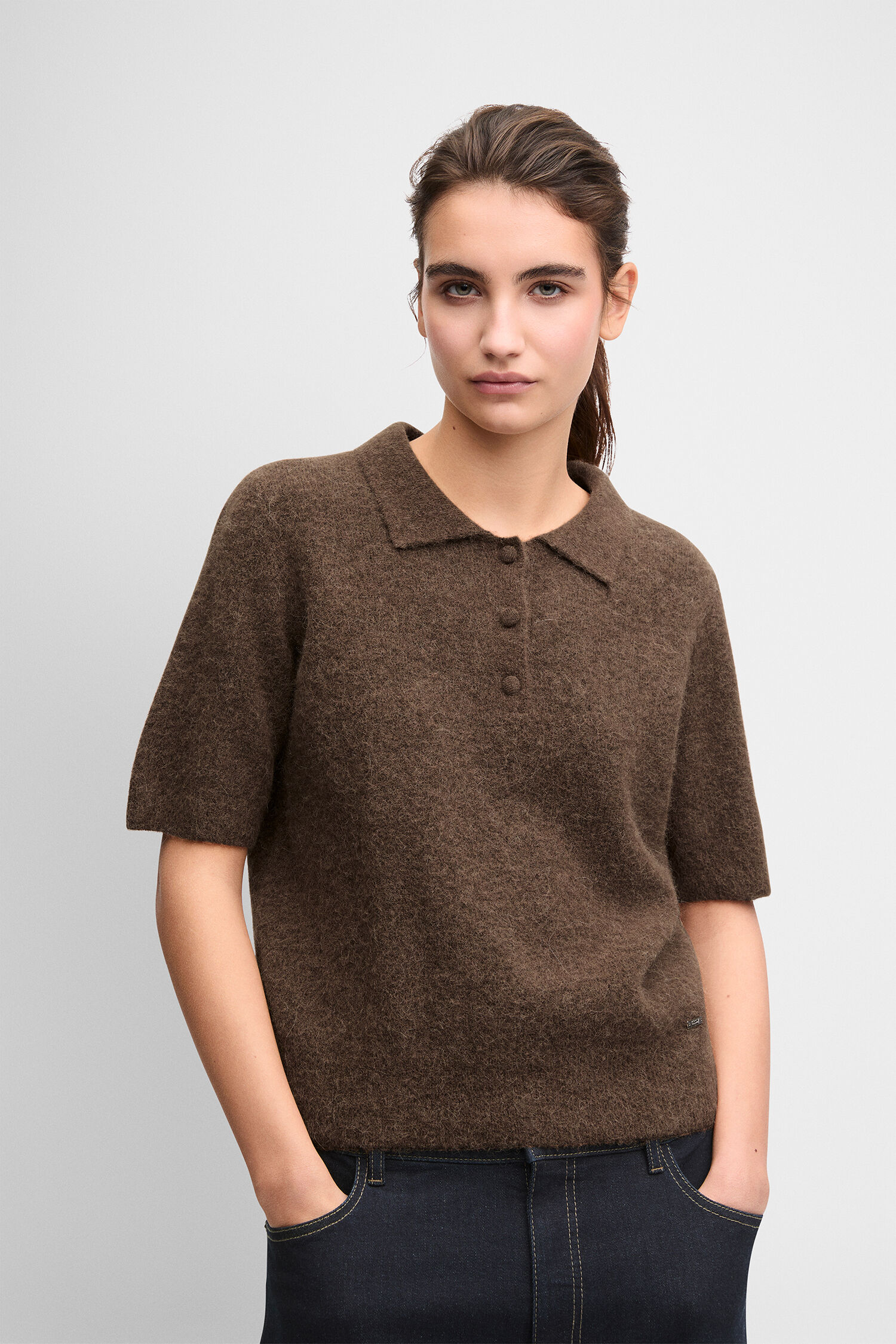 braun, polohemd, kurzärmig, wollig, strickpullover