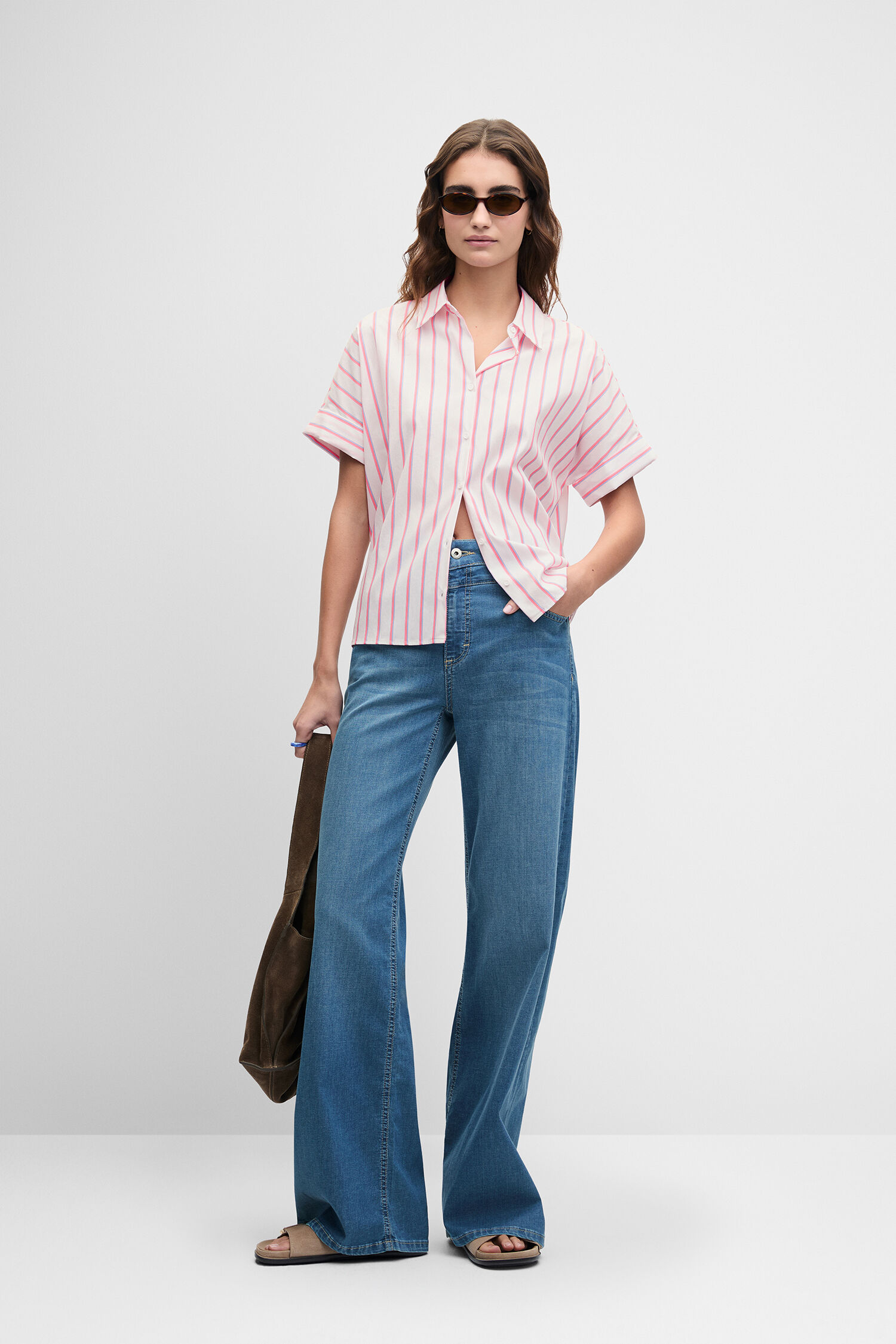 shirt, gestreift, pink, kurzarm, Knopfshirt