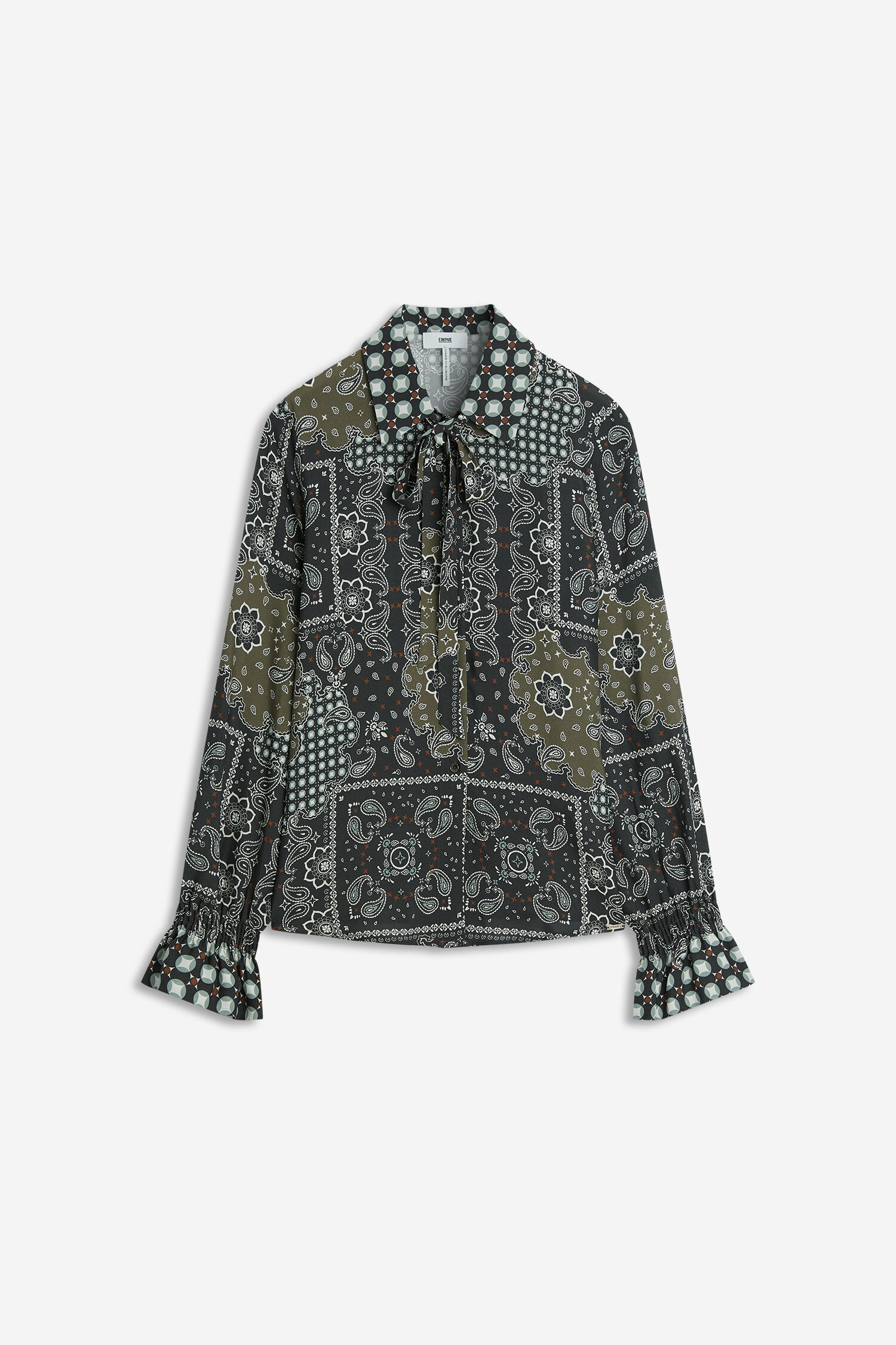 bluse, paisley, langenarm, knöpfe, taillenbündchen