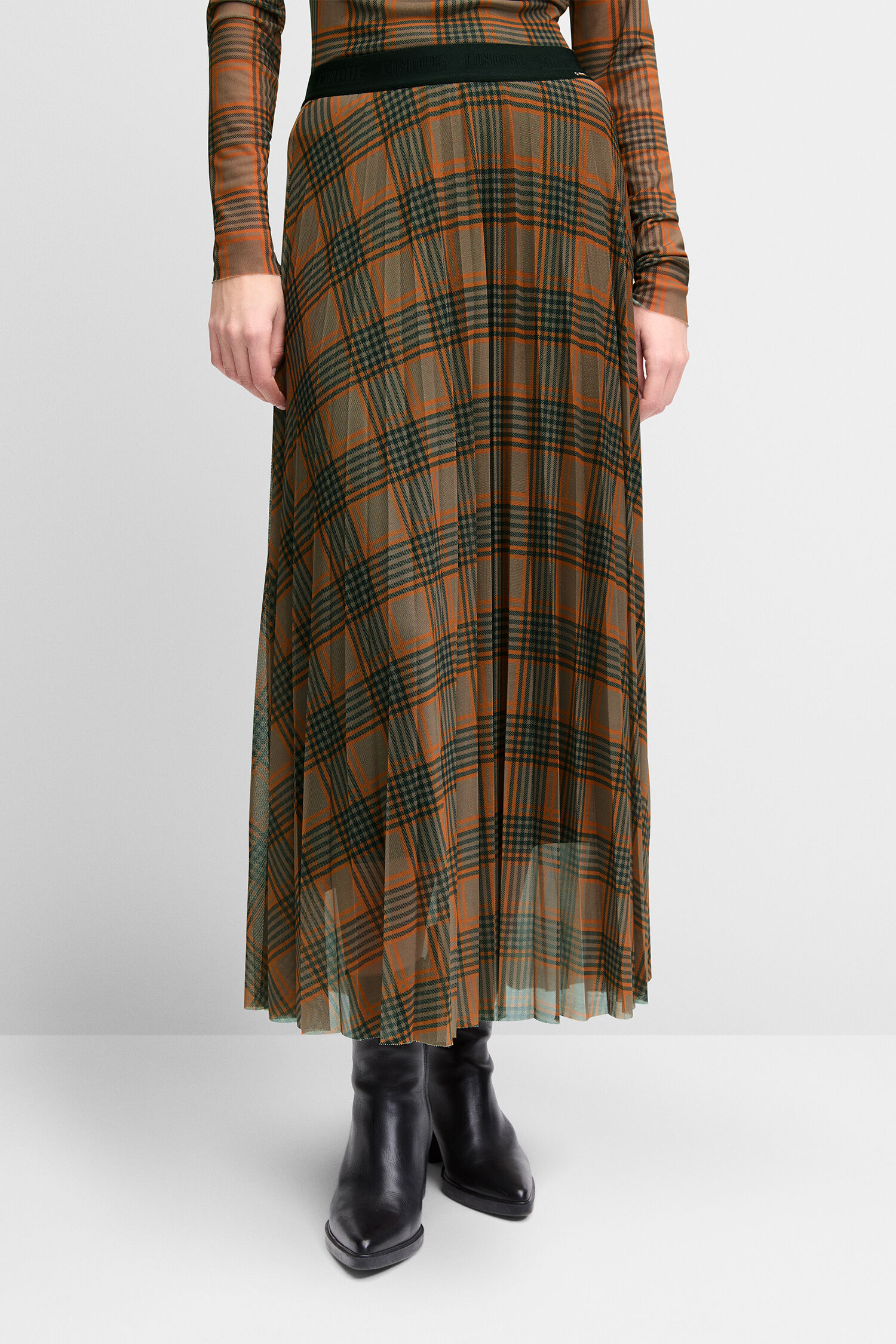 plaid, turtleneck, long-sleeve, maxi-skirt, earth-tone