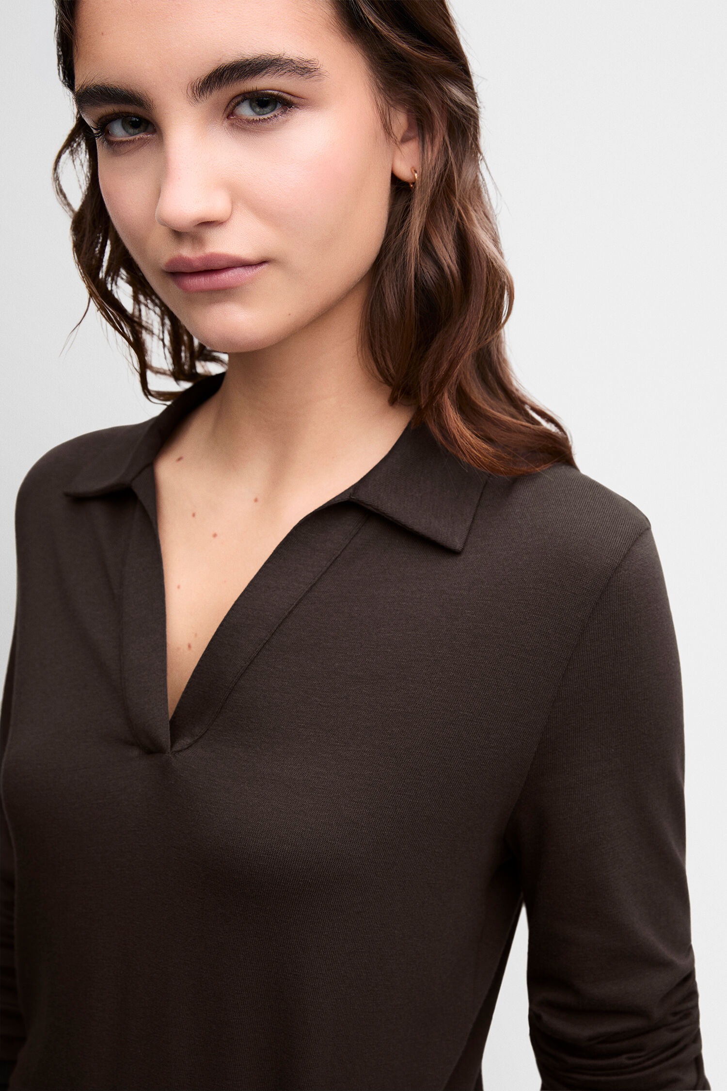 Langarmshirt, V-Neck, Kragen, Dunkelbraun, Kompaktstrick