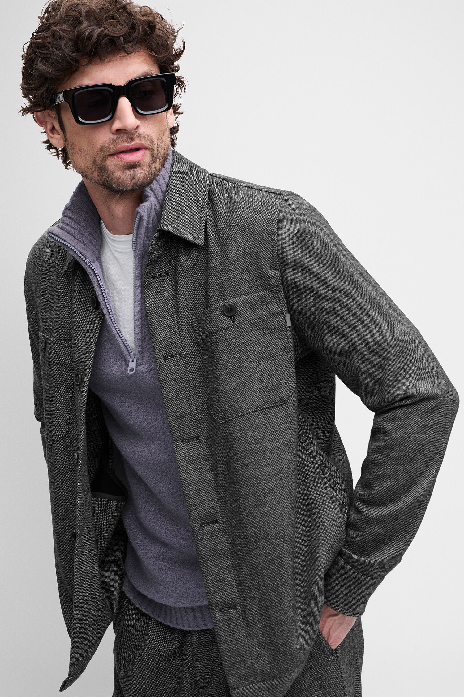 jacke, grau, wollstoff, revers, taschen