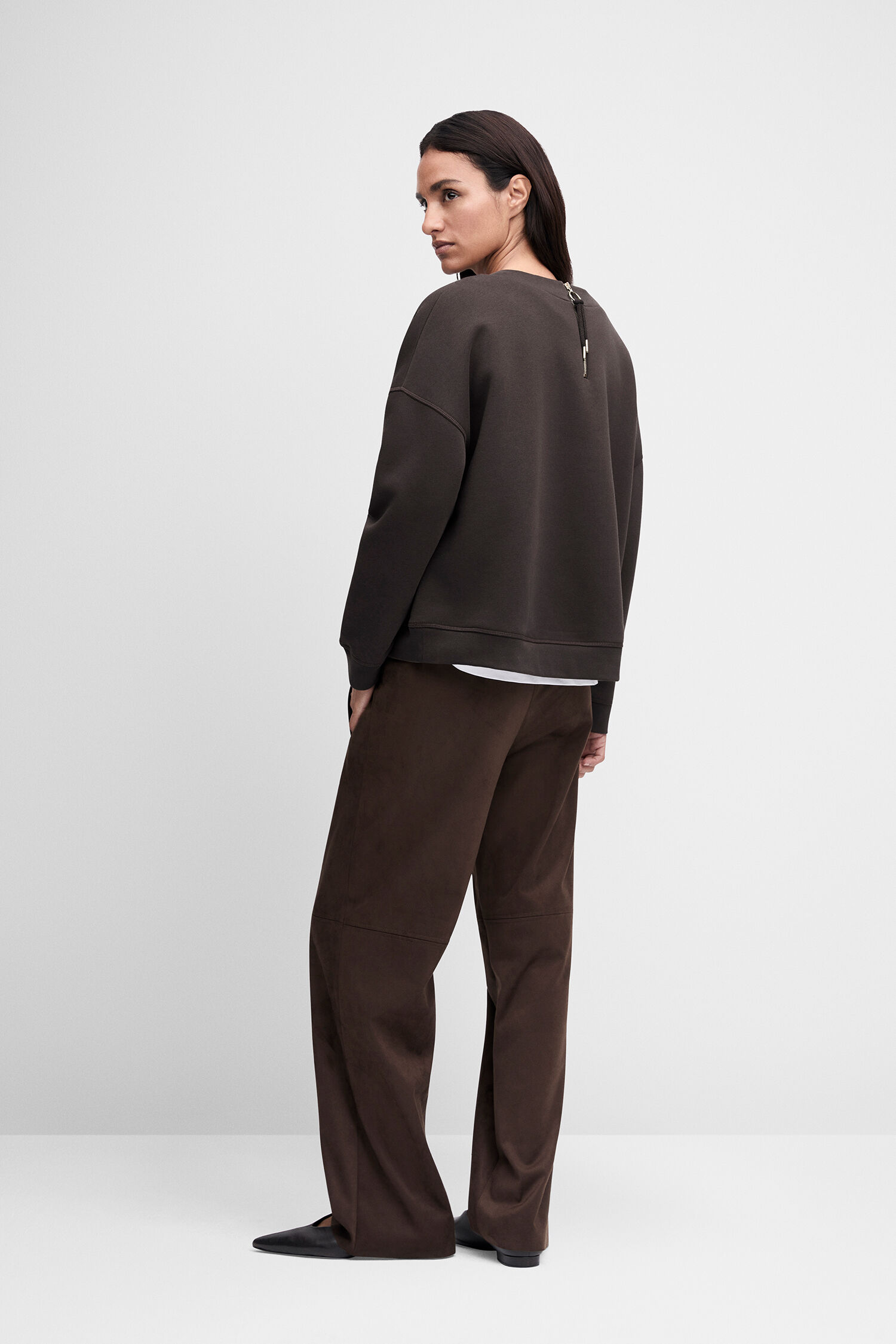 Sweatshirt, Oversized, Back zipper, Dunkelbraun, Lagenlook-Saum