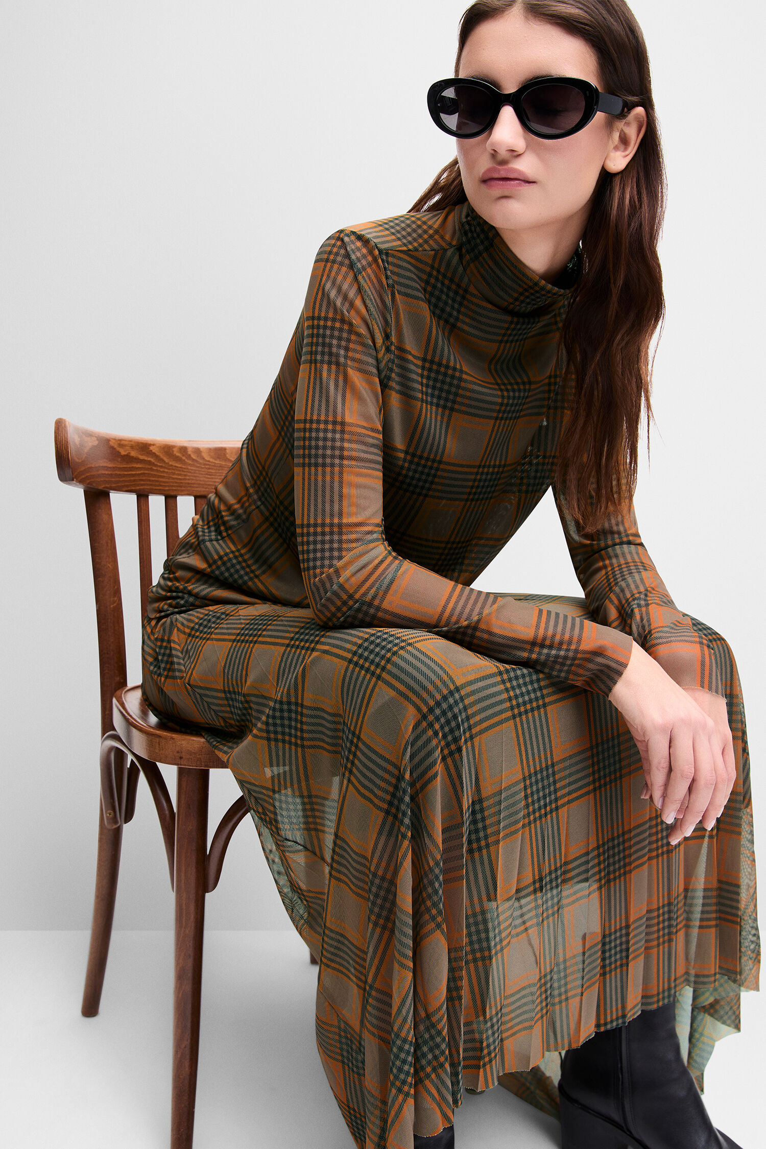 Plaid, Kleid, Rollkragen, Tüll/Rock-ähnlich, Schwarz-booties