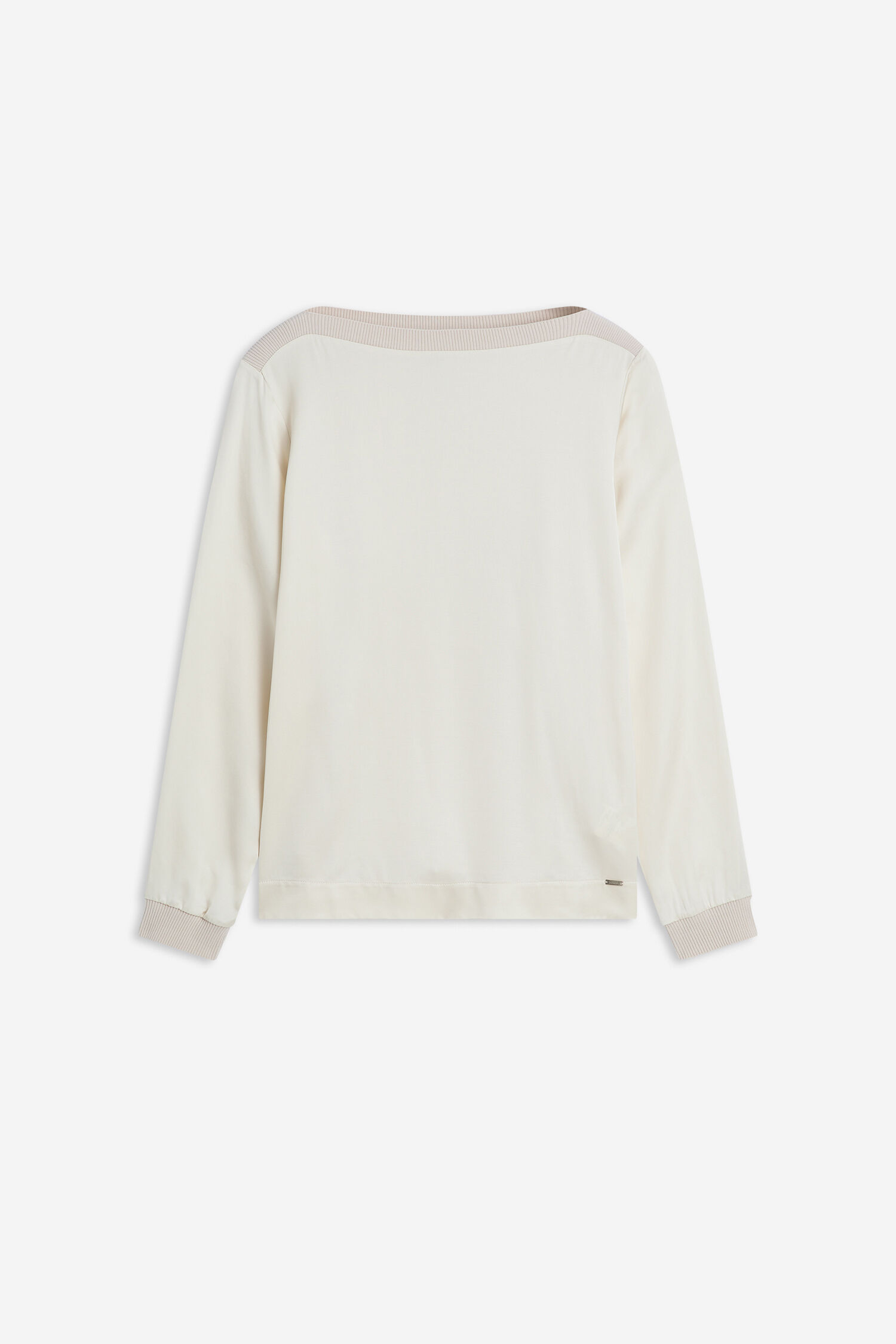 weißes sweatshirt, langärmliges top, rundhals-kragen, rib-knitdetails, keine Muster