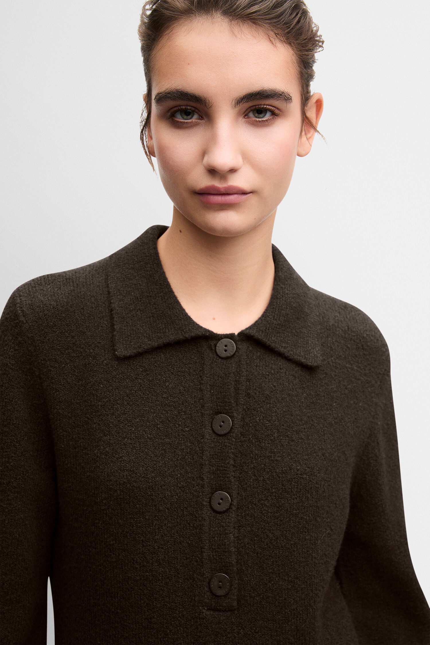 A-Lang, Kleid, Kleid aus Wolle?, Braun, Kragen polo?, Longsleeve?, Kleid mit Knöpfen