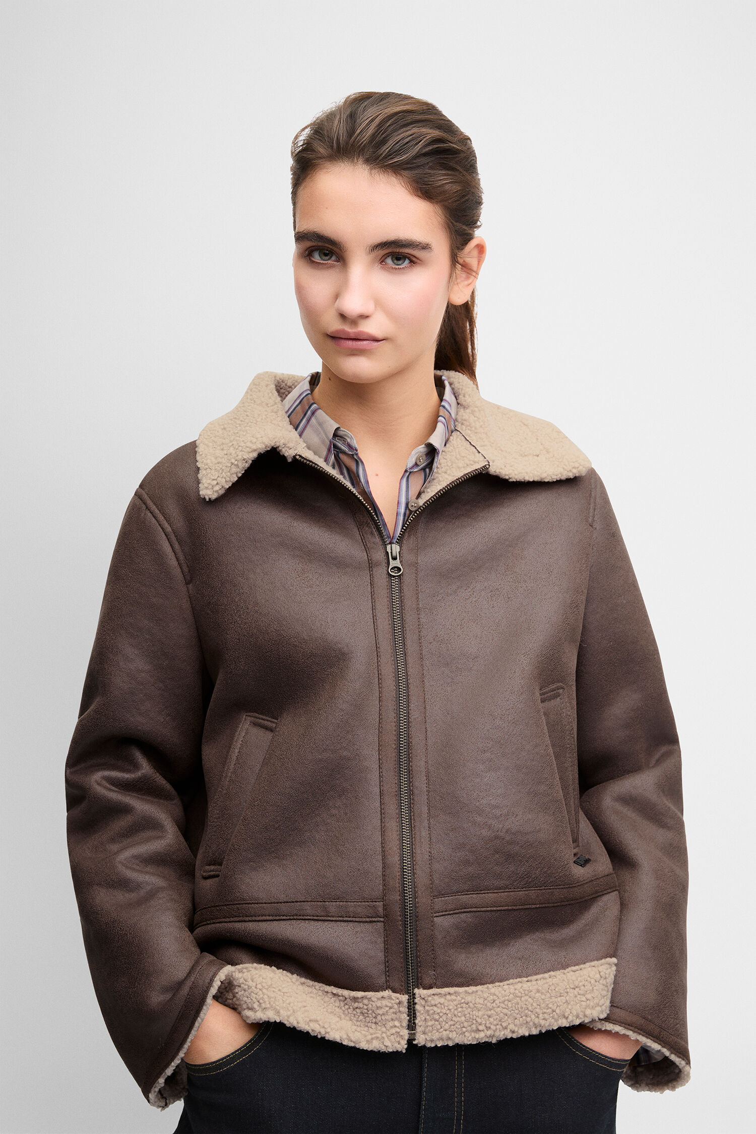 Lederjacke, Shearling, Bikerjacke, Braun, Reißverschluss